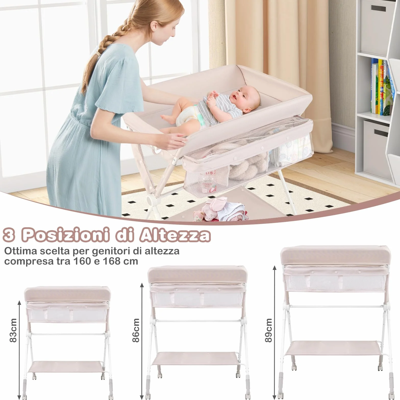 COSTWAY Fasciatoio Pieghevole per Bambini, Altezza Regolabile 3 Livelli, Ruote Bloccabili, Beige