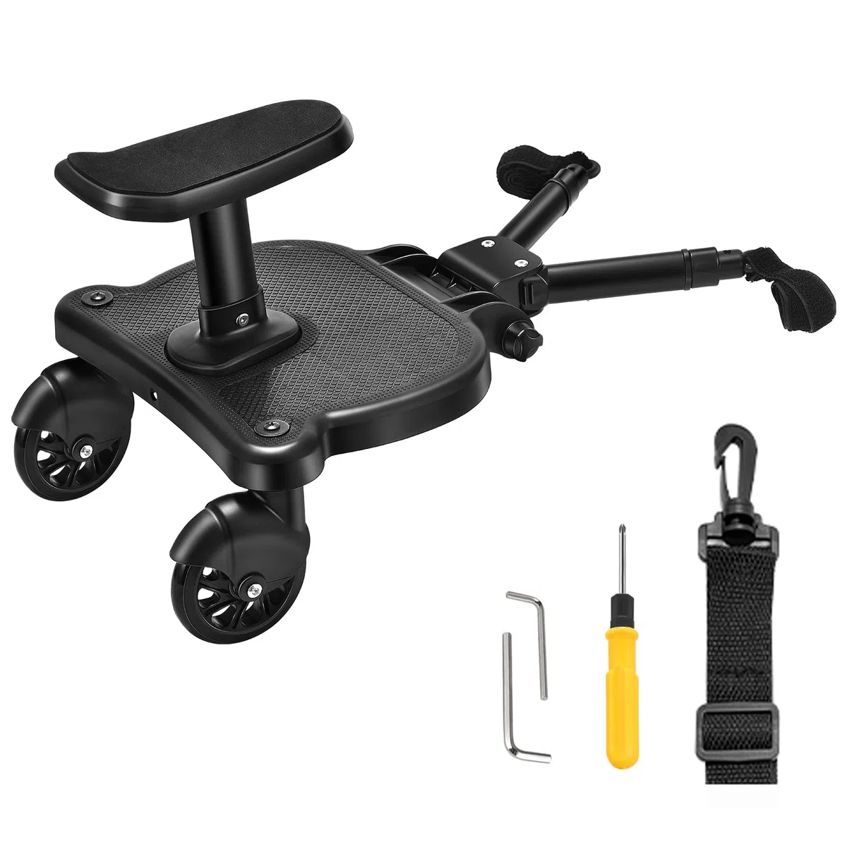 Pedana Passeggino Universale con Sedile, FNRIDS Tavolette Portatili per Passeggini, con cinghia di sospensione,Design Stabile a due Ruote, Accessori per Passeggini per Bambini da 2 a 6 anni (nero)