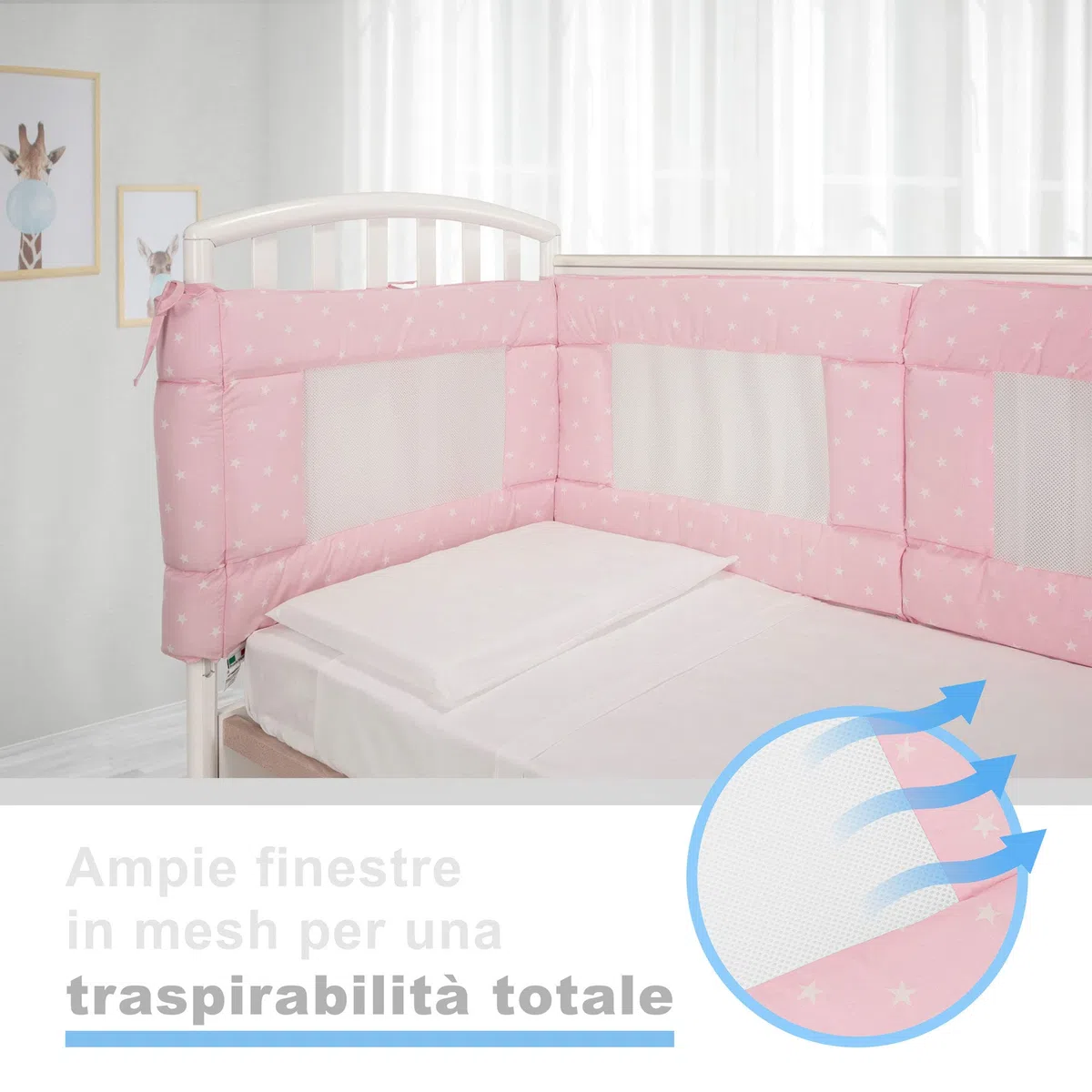 Babysanity- Set Paracolpi Lettino Alta Traspirabilità Piumino Copripiumino Sfoderabile Federa 100% Cotone Made in Italy (Piccole Stelle Rosa)