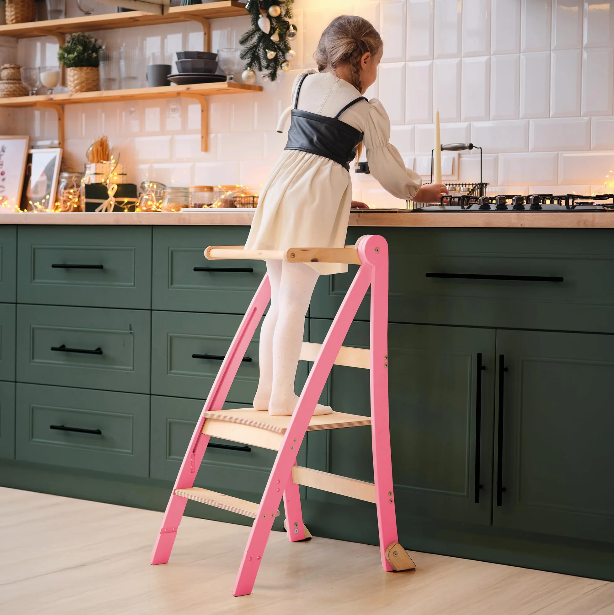 Goodevas Torre di apprendimento in legno Montessori salvaspazio : scala pieghevole in pelle, sgabello per bambini, scala pieghevole per bambini, scala di apprendimento con protezione antiribaltamento