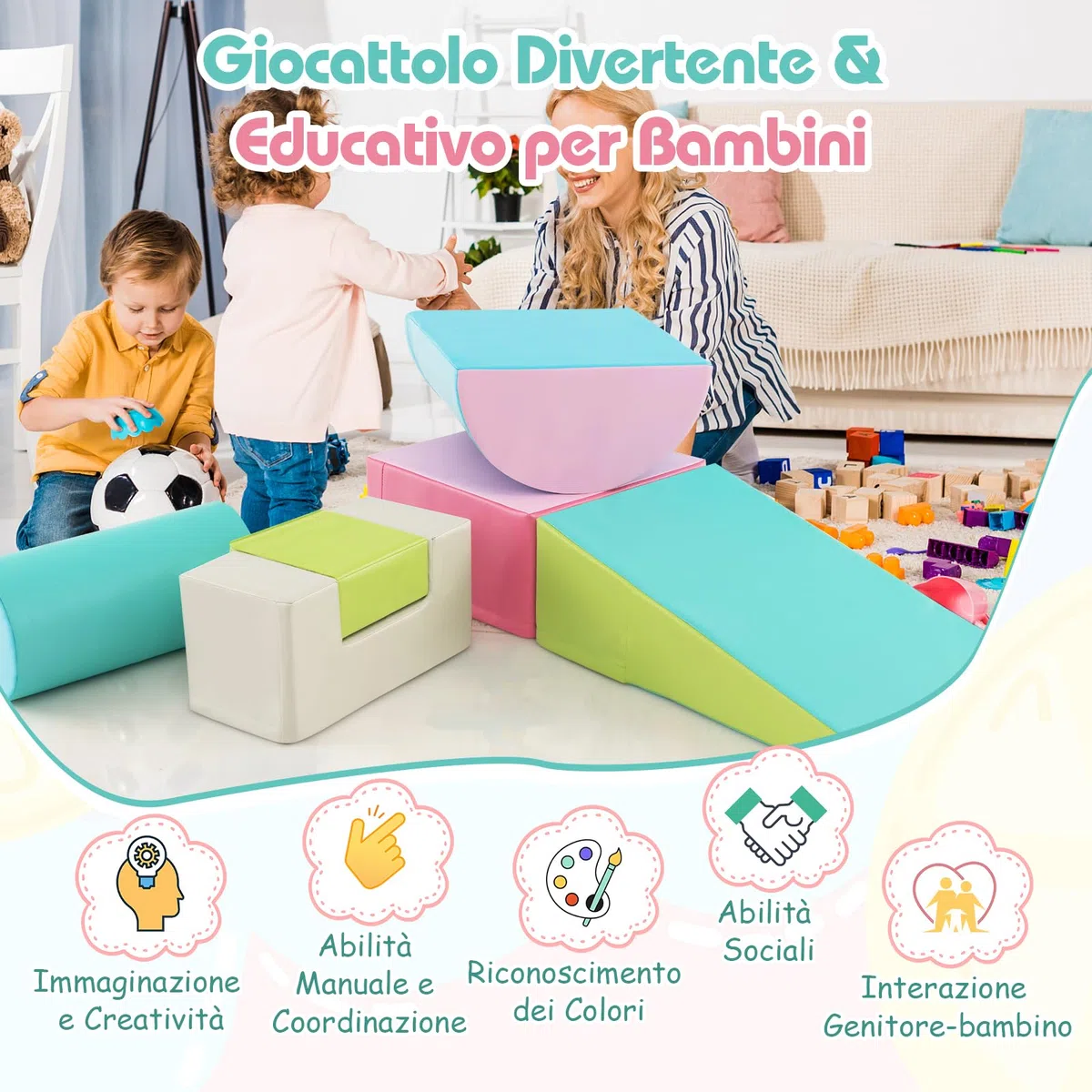 COSTWAY Set di 6 Blocchi per Bambini con Diverse Forme e Colori, Centro Attività Palestrina Giocattolo per Arrampicata e Strisciamento (Verde)