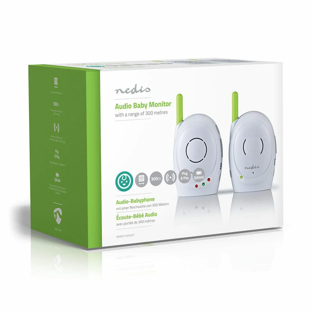 Nedis Audio Baby Monitor - Telefoni wireless per bambini con interfono, portata 300 m, Set di 2, Verde/Bianco