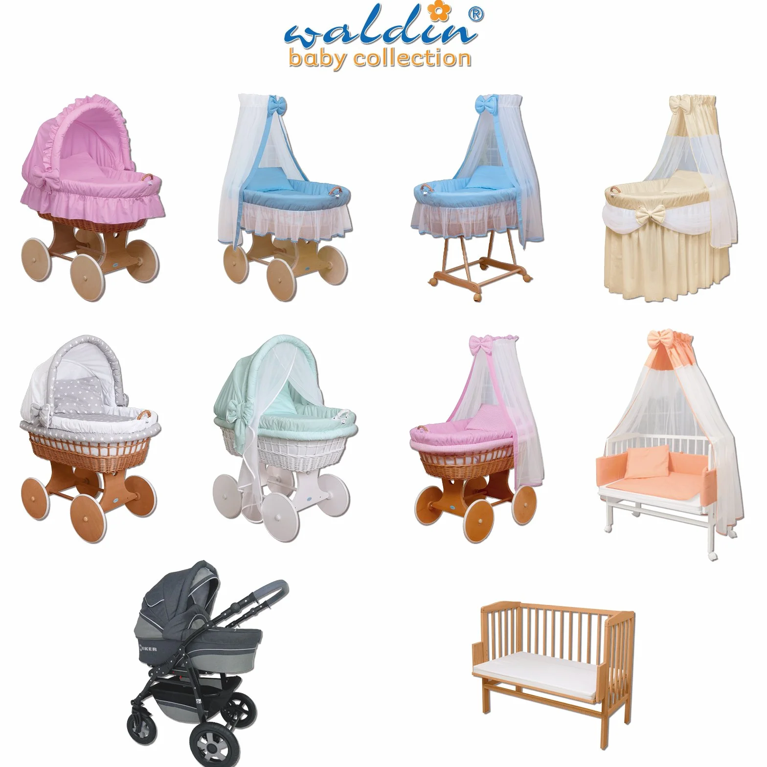 WALDIN Culla con cappotta e ruote XXL, telaio bianco, tessile bianco/blu