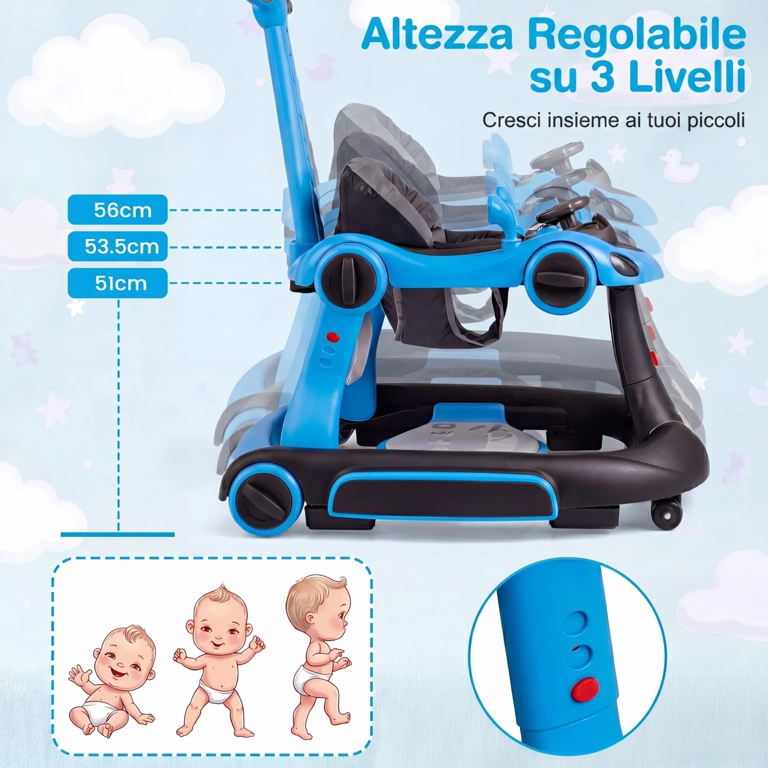COSTWAY Girello per Bambini 6-in-1 Evolutivo, Centro Attività Pieghevole con Maniglia, Regolazione Altezza/Velocità, con Musica, Luci Tenda, per Neonati 6-18 Mesi (Nero+Blu)