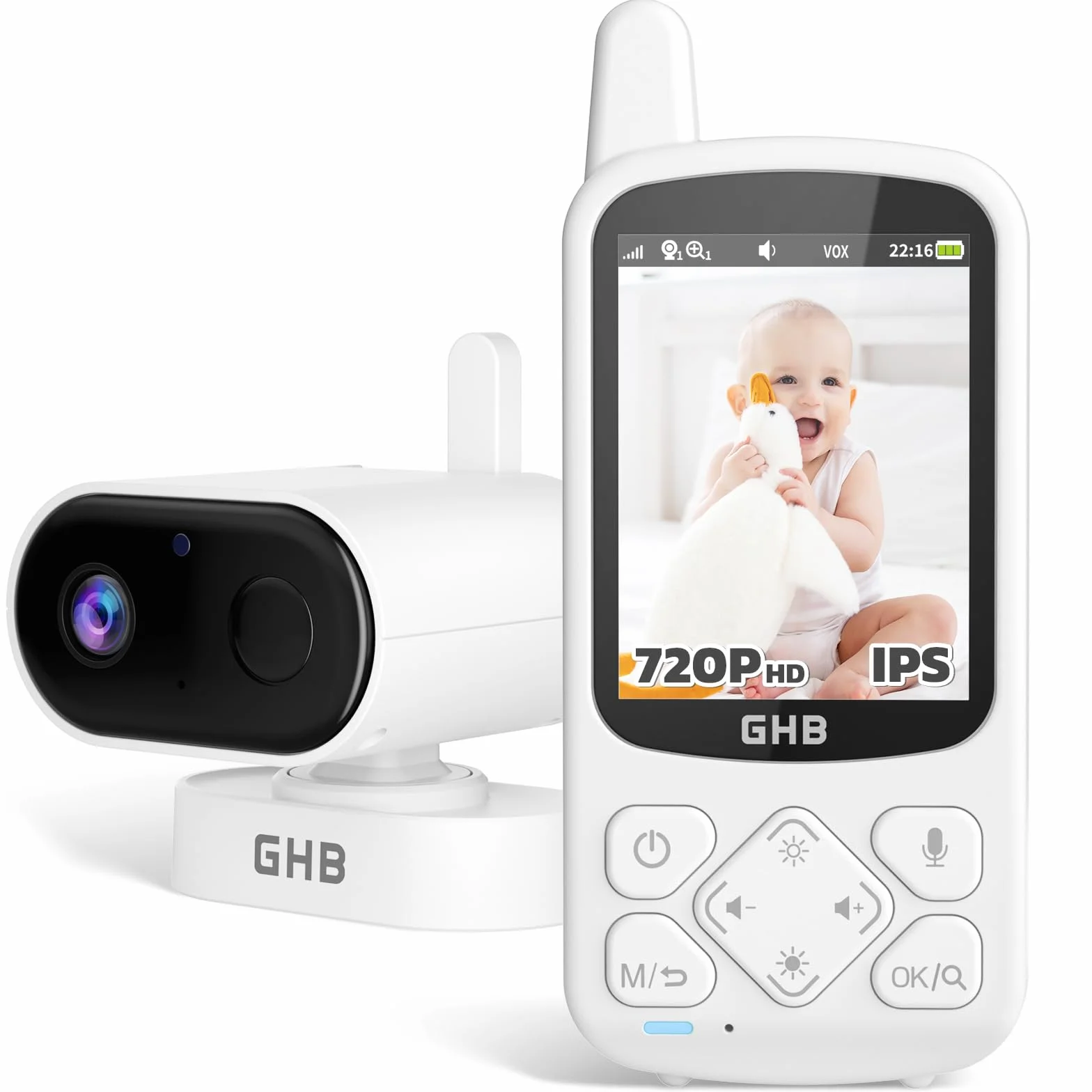 GHB Baby Monitor 2.8", 2000mAh Batteria, Schermo IPS HD Audio Bidirezionale, VOX Visione Notturna, Monitoraggio Temperatura, 8 Ninne Nanne