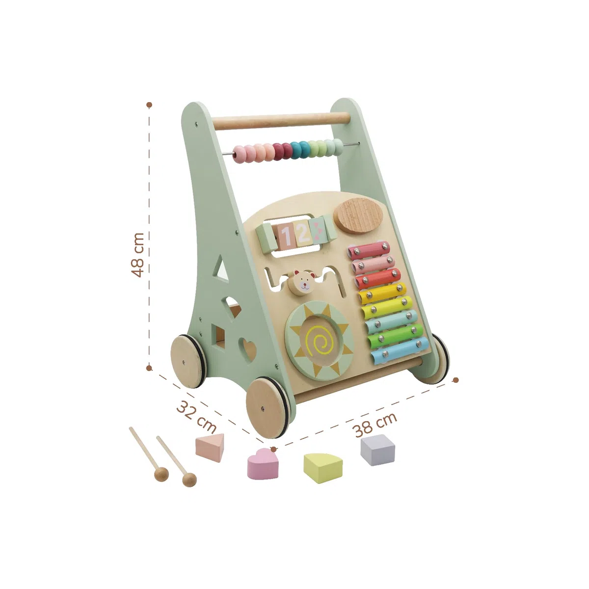 BUDDY BABY Montessori - Walker Baby in legno - Passeggino per primi passi con giocattoli e attività - Passeggino per bambino +12 mesi (Lapponia/Verde)