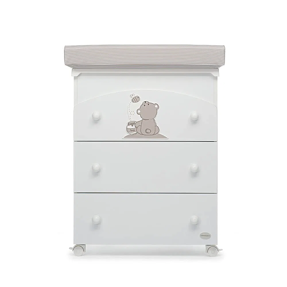 Foppapedretti Bagnetto Fasciatoio Golosone, Legno, Made in Italy, 3 Cassetti, Piano Fasciatoio Ribaltabile, Vaschetta Anatomica Estraibile, 4 ruote, Materassino Incluso, 47x69x89 cm, Bianco
