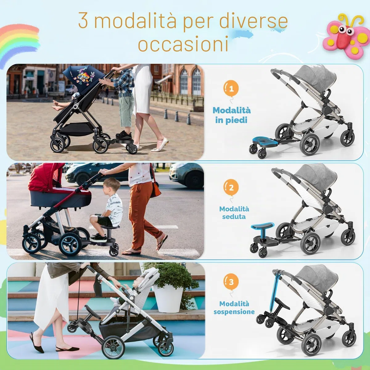 Passeggino con sedile più grande, poggiapiedi per passeggino, universale, per bambini dai 2 ai 6 anni (25 kg), si adatta al 99% di tutti i passeggini, facile installazione, per famiglie con