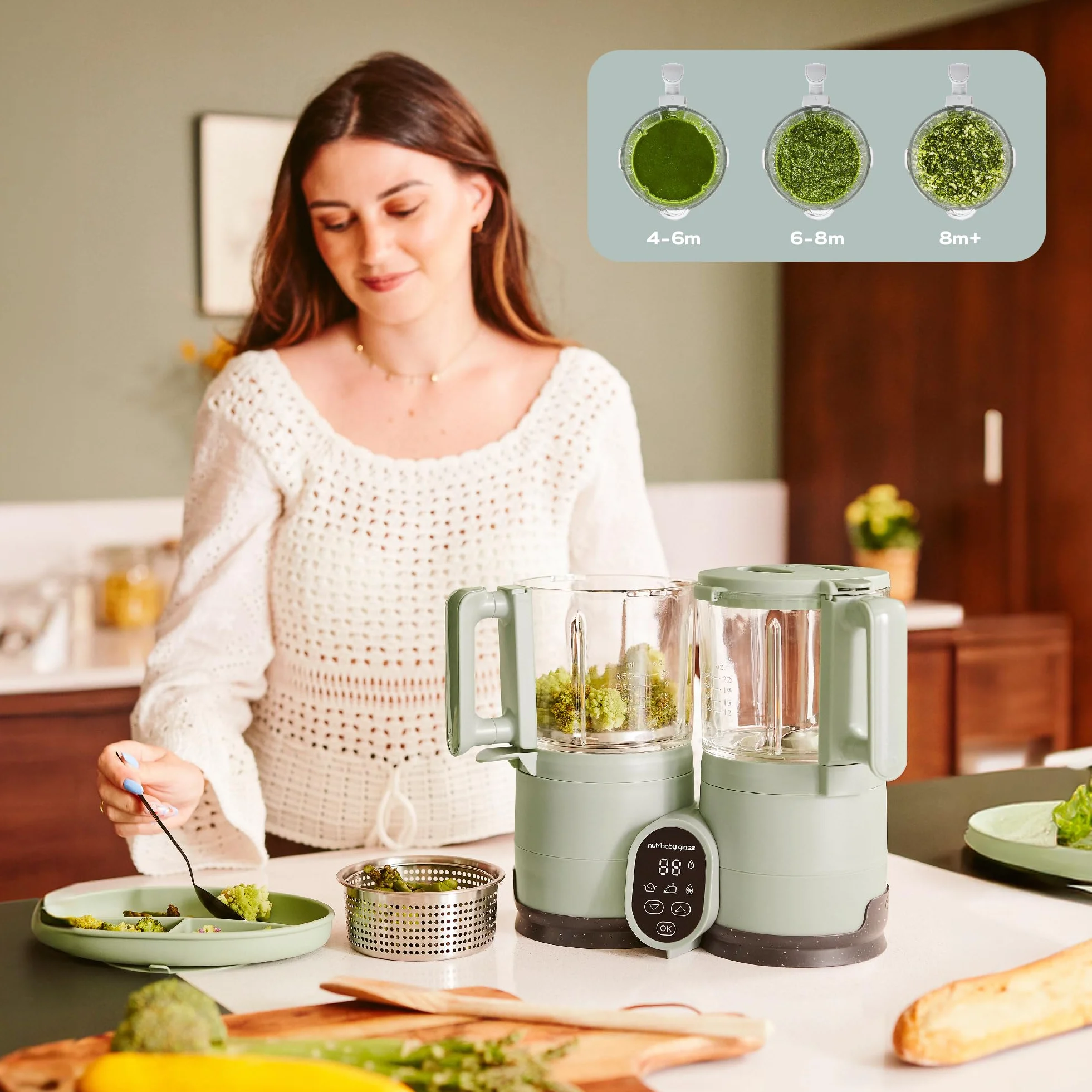 Babymoov Nutribaby Frullatore Vaporizzatore Vetro 4 in 1 Cuocipappa Svezzamento Riscaldatore Scongelatore Acciaio Inox