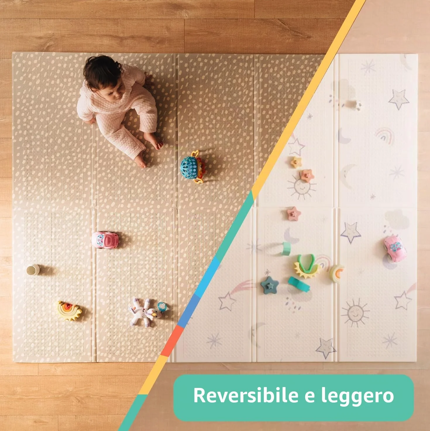 Nuby - Tappeto Gioco Bebè Imbottito Pieghevole e Reversibile - Tappetino Leggero e Morbido per Giocare sul Pavimento - Motivo Stelle e Cielo - Pavimento Imbottito per Bebè - 150x200 cm