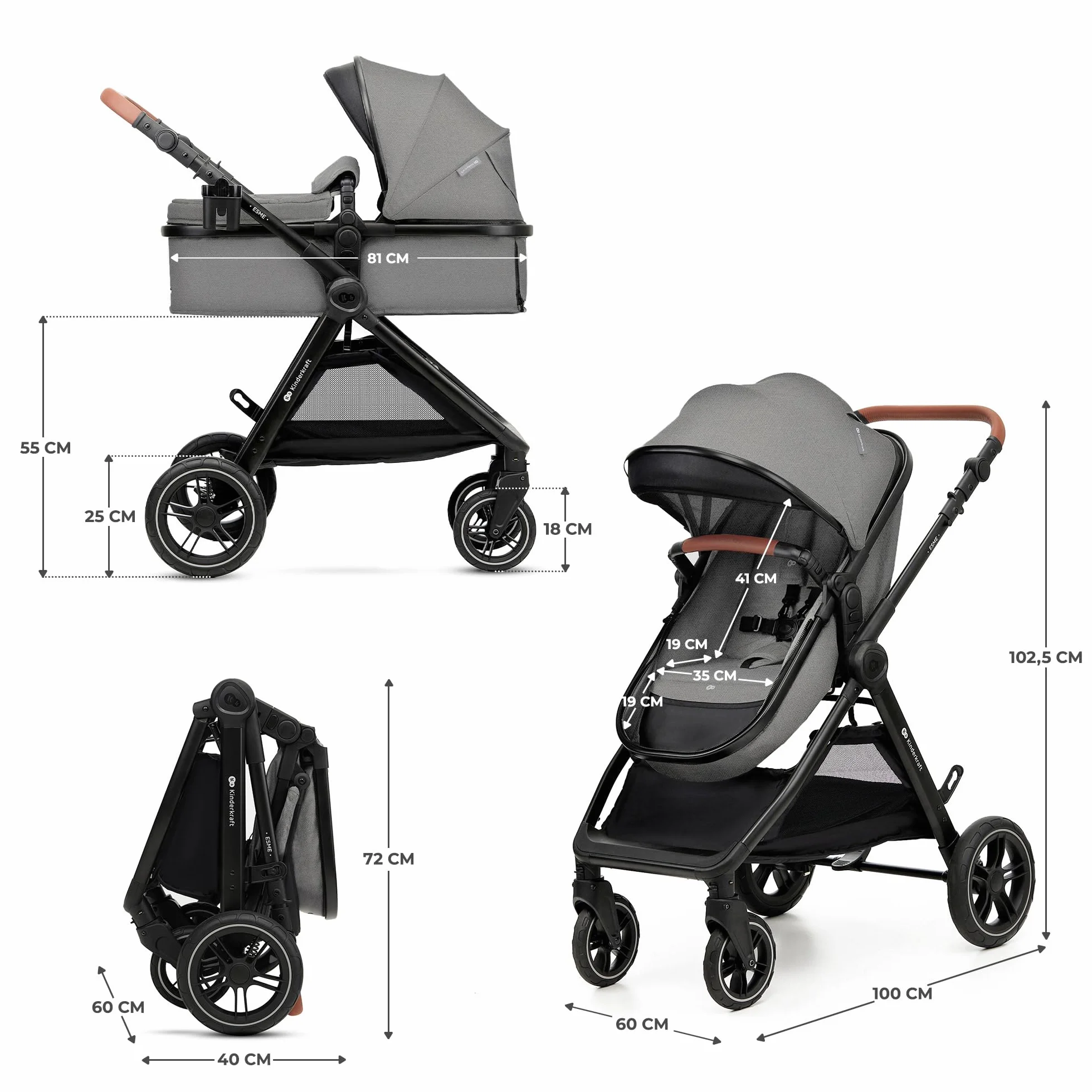 Kinderkraft ESME Trio passeggino 3 in 1 fino 26 kg Ovetto I-SIZE 40-75 cm Carrozzina reversibile pieghevole Grigio