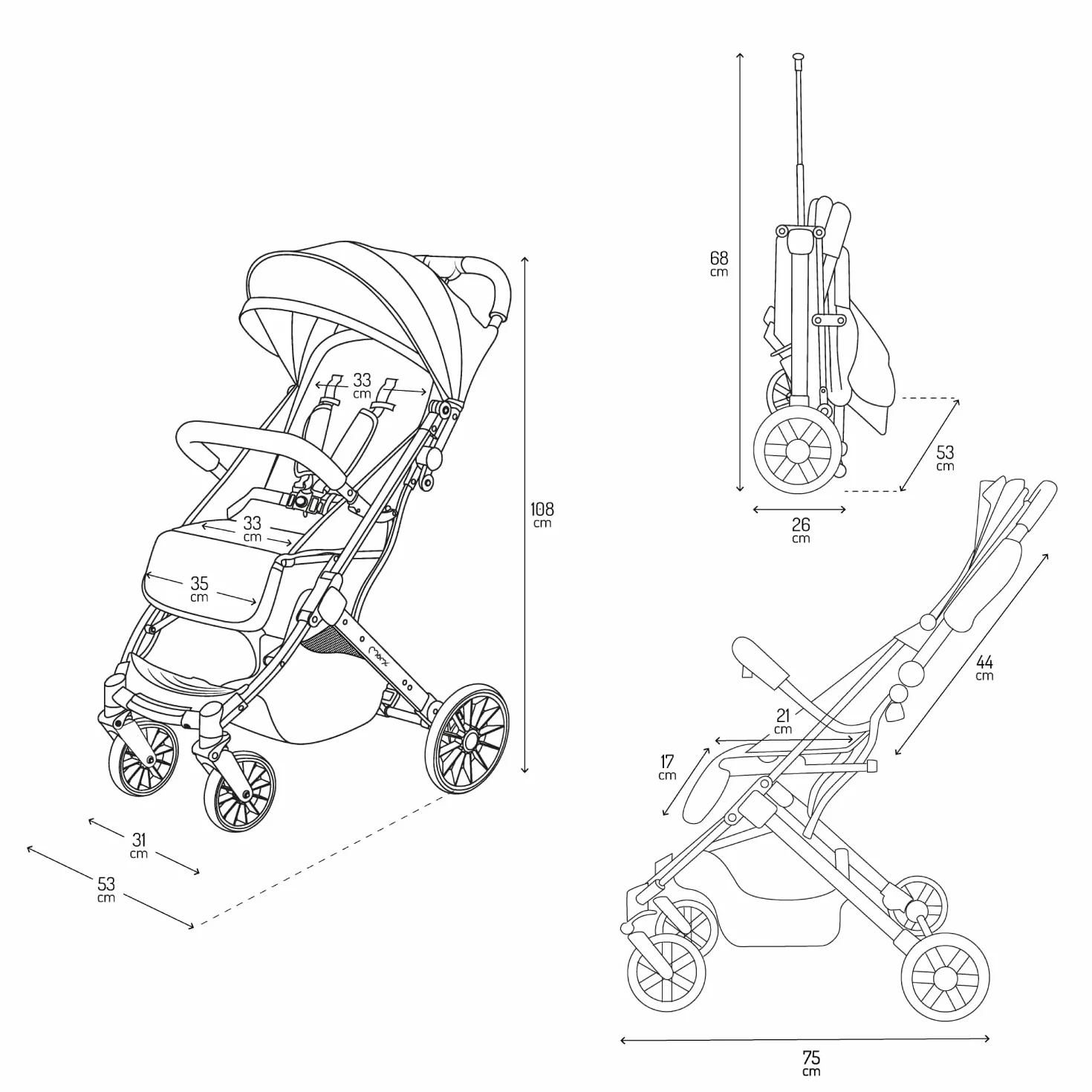 MoMi ESTELLE Passeggino Leggero pieghevole da viaggio 6 mesi 15 kg cinture 5 punti schienale reclinabile ruote EVA