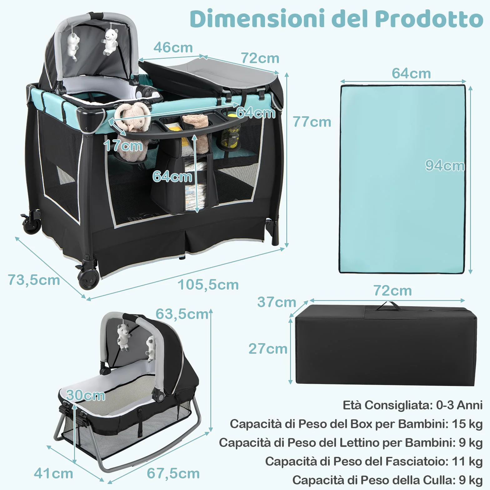 COSTWAY 6 w 1 Lettino da Campeggio per Bambini, Culla Viaggio, Box Portatile Pieghevole, Verde