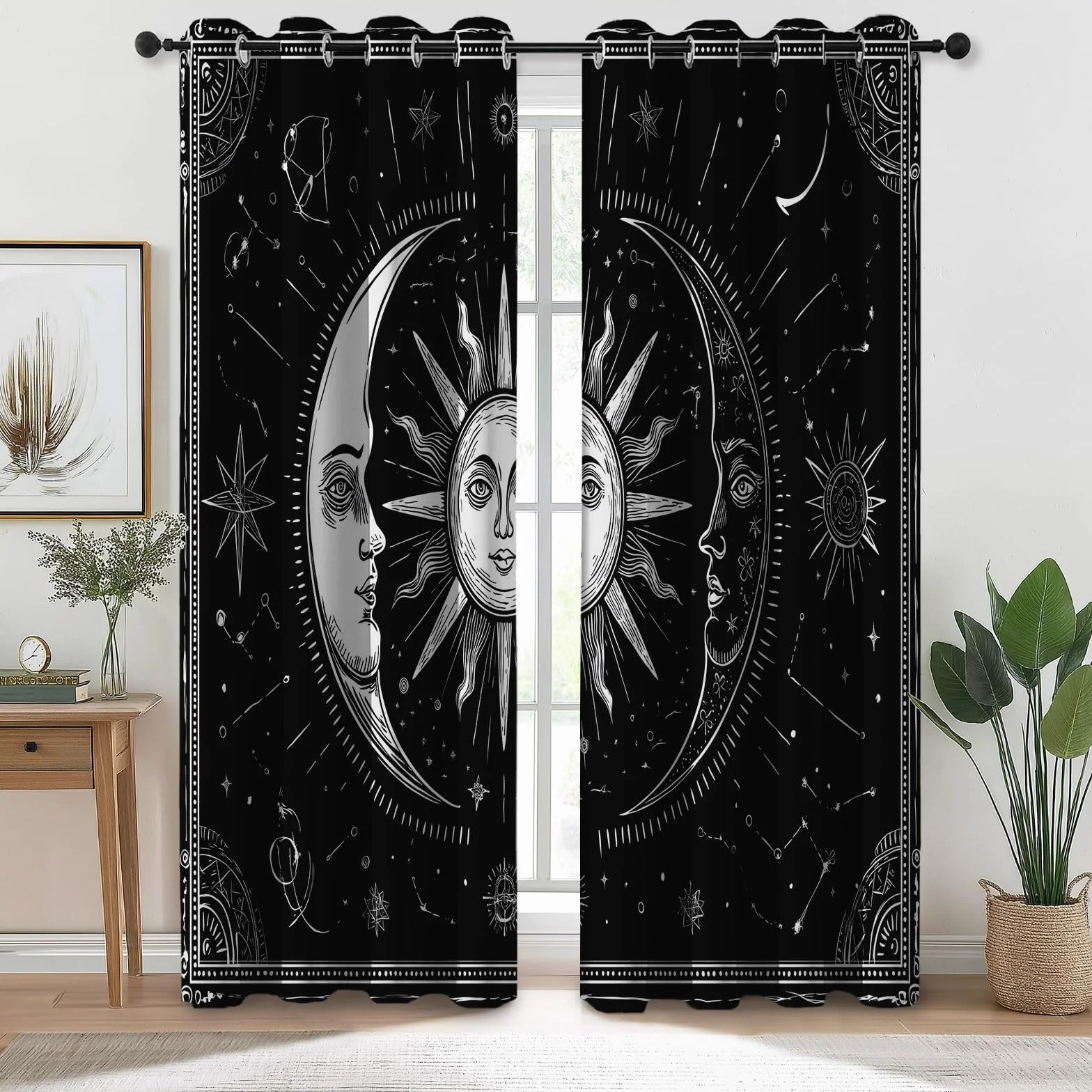 Tende Oscuranti Termiche L 140 x A 260 cm 2 Pezzi Retro Fantasy Sole Luna E Astrologia Nero Anti Luce Anti UV Isolanti Dal Calore Con Occhielli