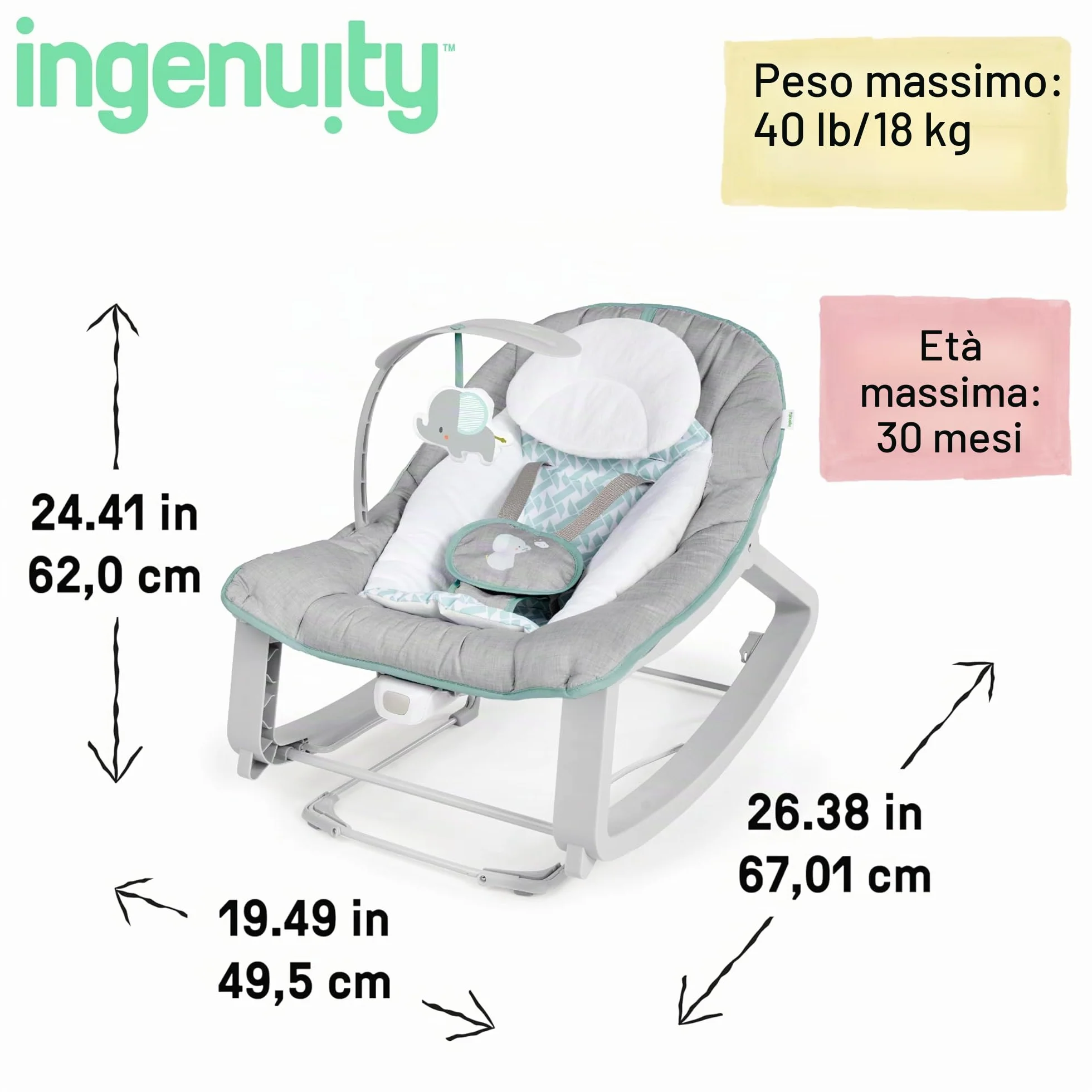 Ingenuity Keep Cozy 3-in-1 Cresci con me sdraietta vibrante per bambini, seggiolino e dondolo da neonato a bambino, vibrazioni e barra portagiochi, 0-30 mesi fino a 18 Kg (Weaver)