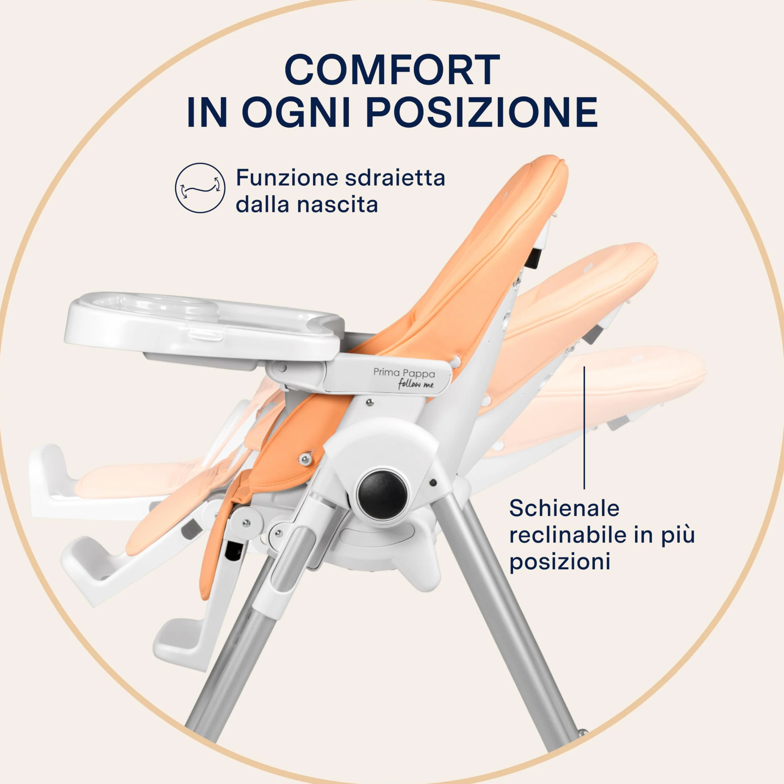 PEG Prima Pappa Follow Me Seggiolone Neonati Reclinabile, Funzione Sdraietta, 4 ruote, Pieghevole, Ultracompatto, 0-3 Anni (0-15 kg), Peach