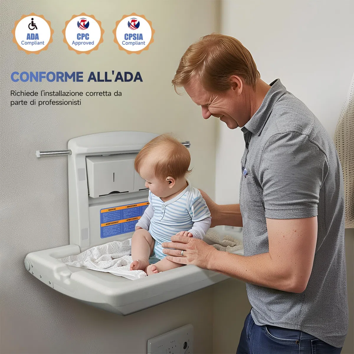 AIKE Unità Cambio Bebè Commerciale, orizzontale a parete pieghevole, Conforme CPC, (Bianco Grigiastro)