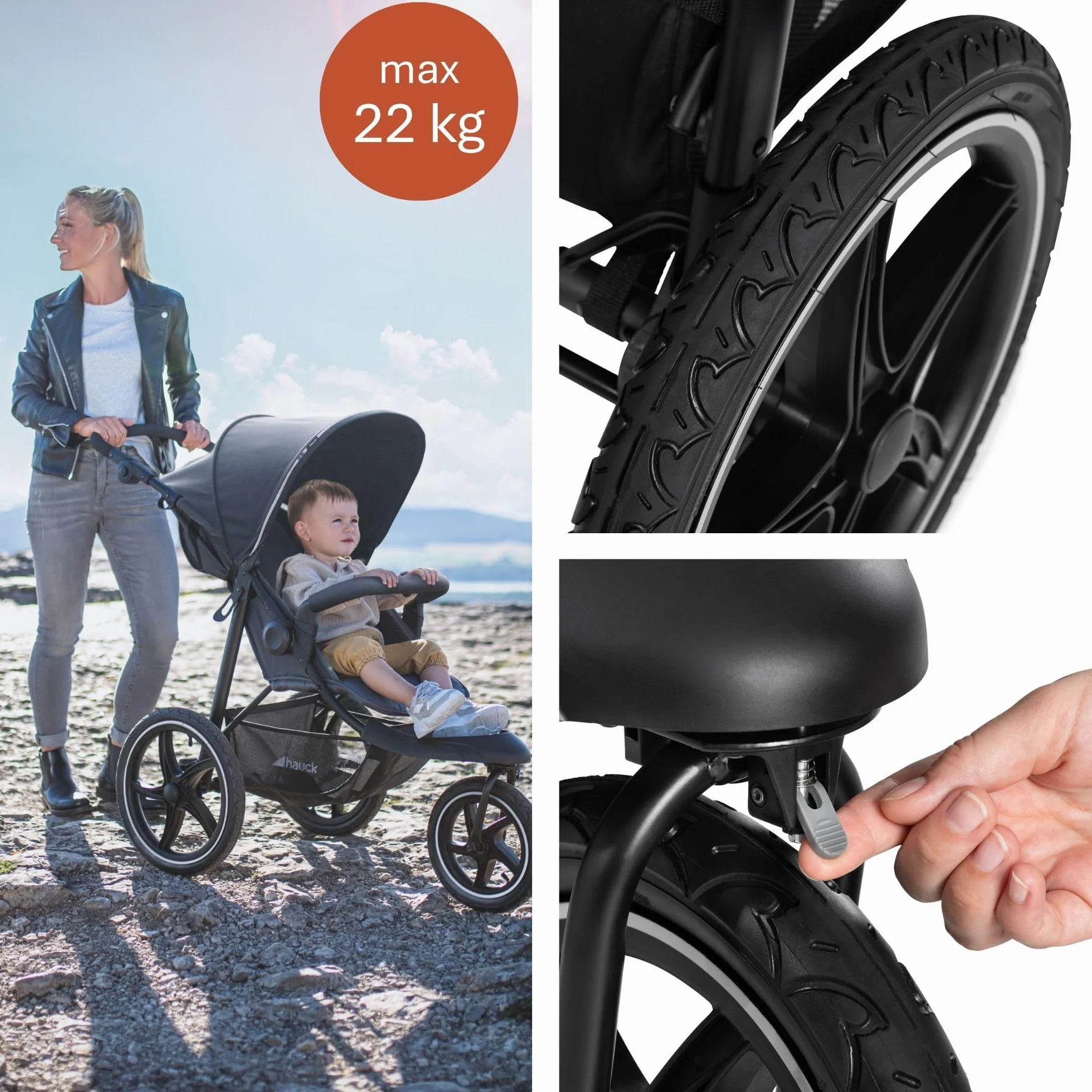 Hauck Passeggino 3 Ruote Runner 2 z Kołami XL, 22 kg, Reclinabile, Regolabile, UPF 50+, Cesto 3 kg, Pieghevole, Nero