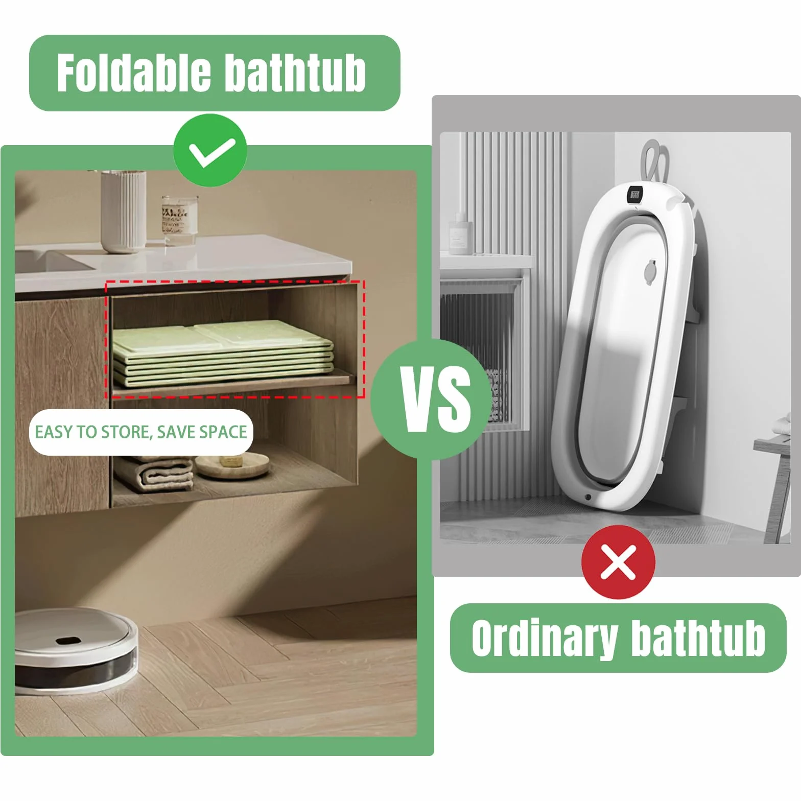 Vasca da bagno pieghevole, Vaschetta portatile per bambini – Salvaspazio e leggera, Con tappo di scarico, Vasca multifunzione per bambini 0-8 anni, Verde