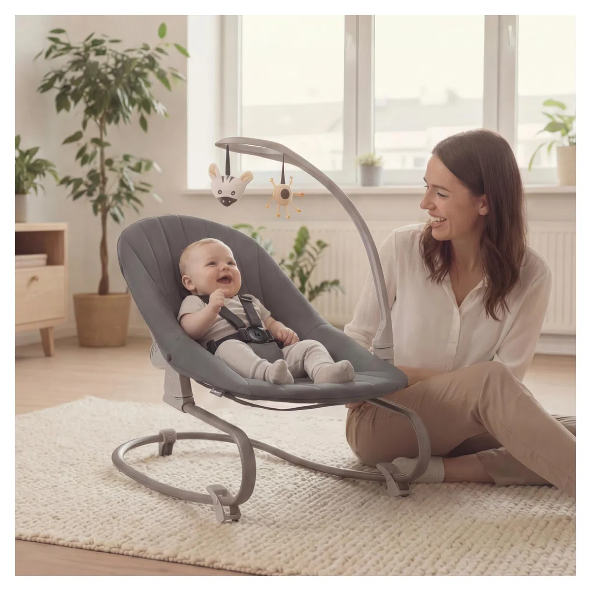 hauck Sit N Relax 3in1, Beige - Seggiolone Pappa Evolutivo da 0 Mesi a 15 kg con Sdraietta con Arco Giochi e Seduta con Vassoio Regolabili in Altezza, Ruote, Pieghevole, Cesto Portaoggetti