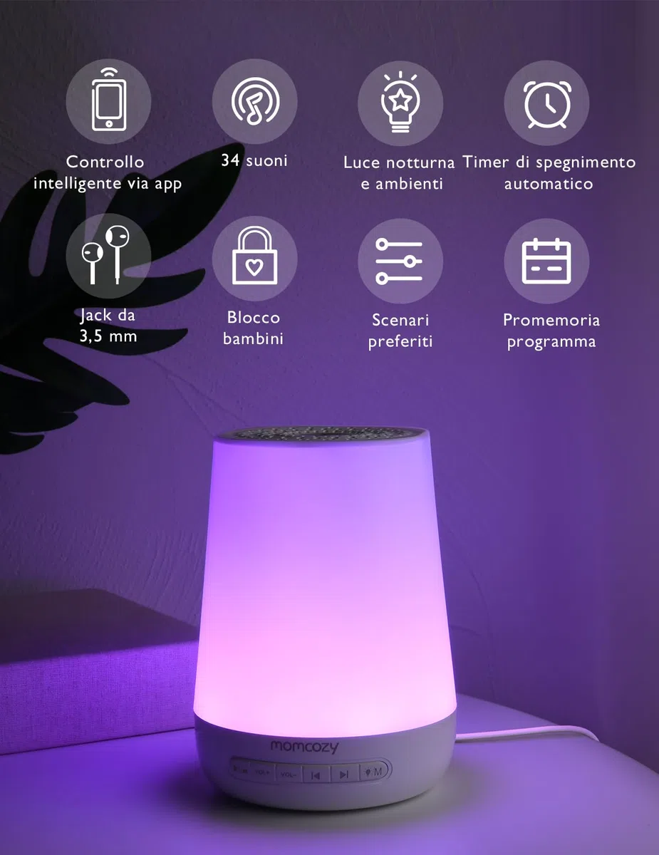 Momcozy Macchina del Rumore Bianco,Macchina del Suono per Bambino Adulto,34 Suoni Lenitivi,White Noise Machine Luce a 7 Colori,Macchina Rumore Bianco Telecomando APP, Funzione di Temporizzazione