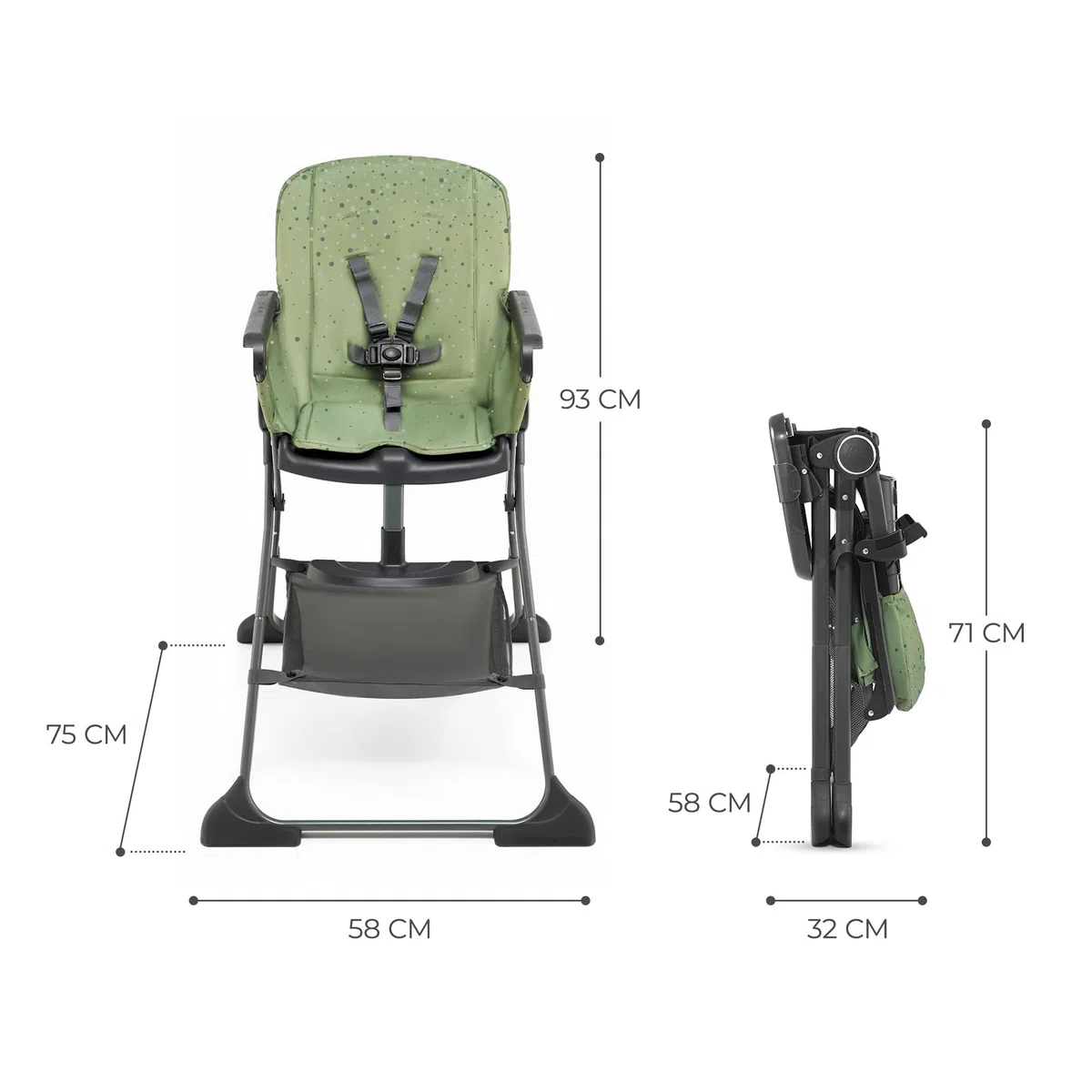 Kinderkraft FOLDEE Seggiolone Pappa, Portatile, Sedia bambini da tavolo, Pieghevole in dimensioni compatte, Schienale e poggiapiedi regolabile, con Vassoio e Cestello, Facile da pulire, Verde