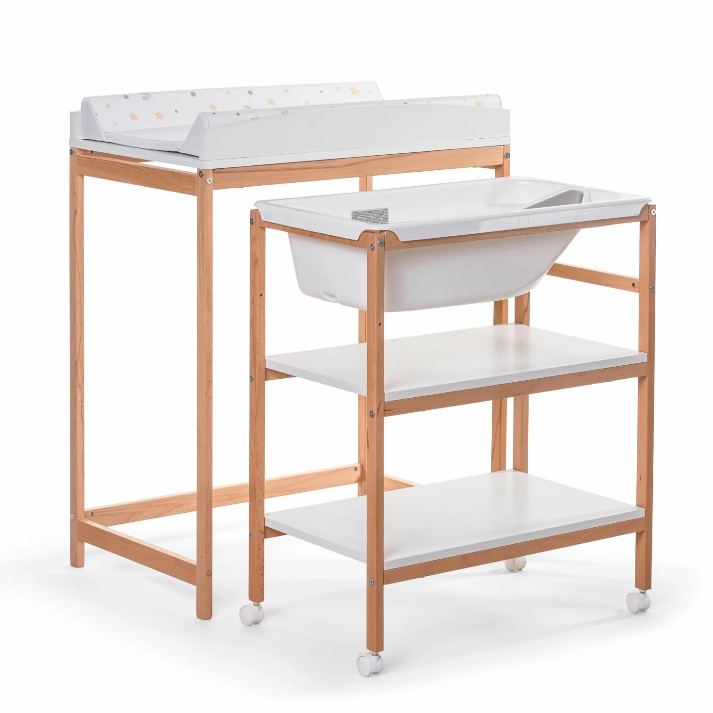OKBABY Woody - Fasciatoio in Legno con Vaschetta Ergonomica e Ruote, Completo di Materassino Soffice per il Cambio del Neonato - 0-12 Mesi (11kg) - Bianco