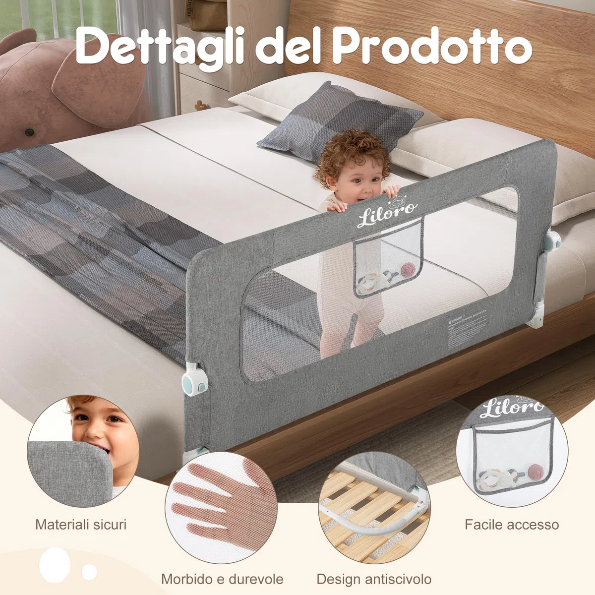 Sponda Letto Bambini 120 cm senza Forare Sponda di Sicurezza Pieghevole per Letto con Struttura Rinforzata e Design Anti Urto per Letto Singolo Matrimoniale King Size Grigio