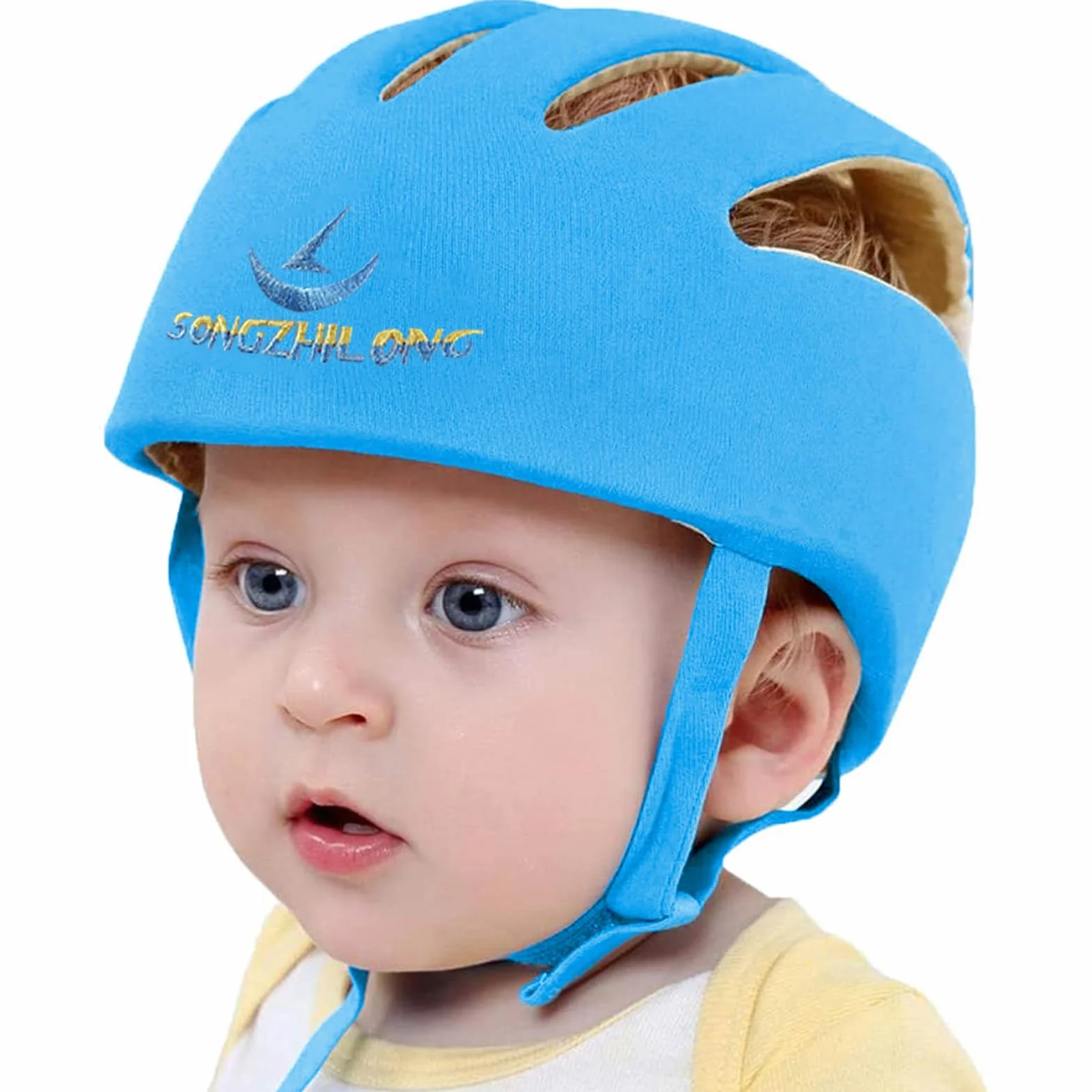 IULONEE Casco Bambino Neonati Cappello di Testa Cotone Regolabile Sicurezza Blu