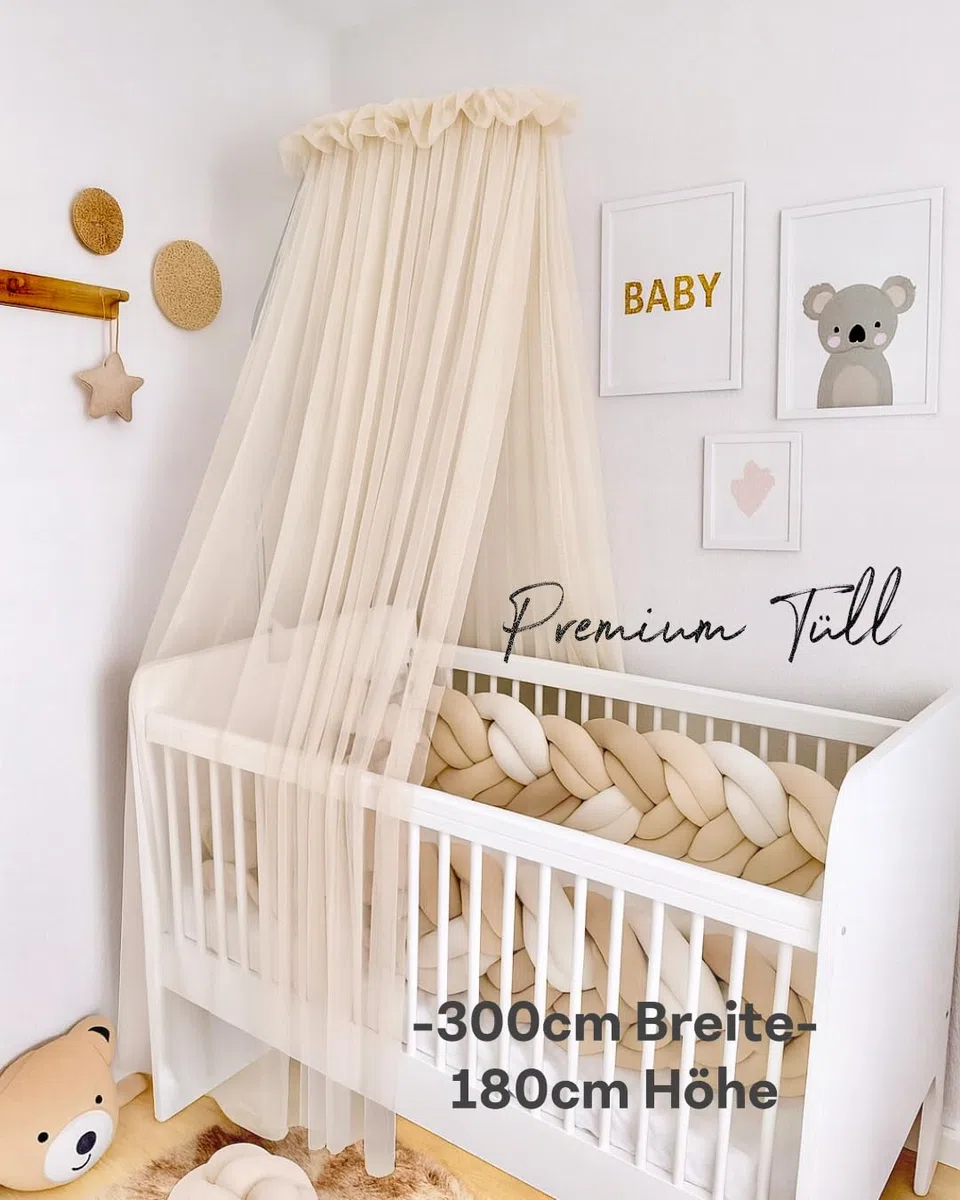 Baby Fancyroom Baldacchino per lettino - 300 x 180 cm - Tulle fine - Fatto a mano - Elegante volant - Disponibile in beige, blu, rosa antico, ecru (beige)