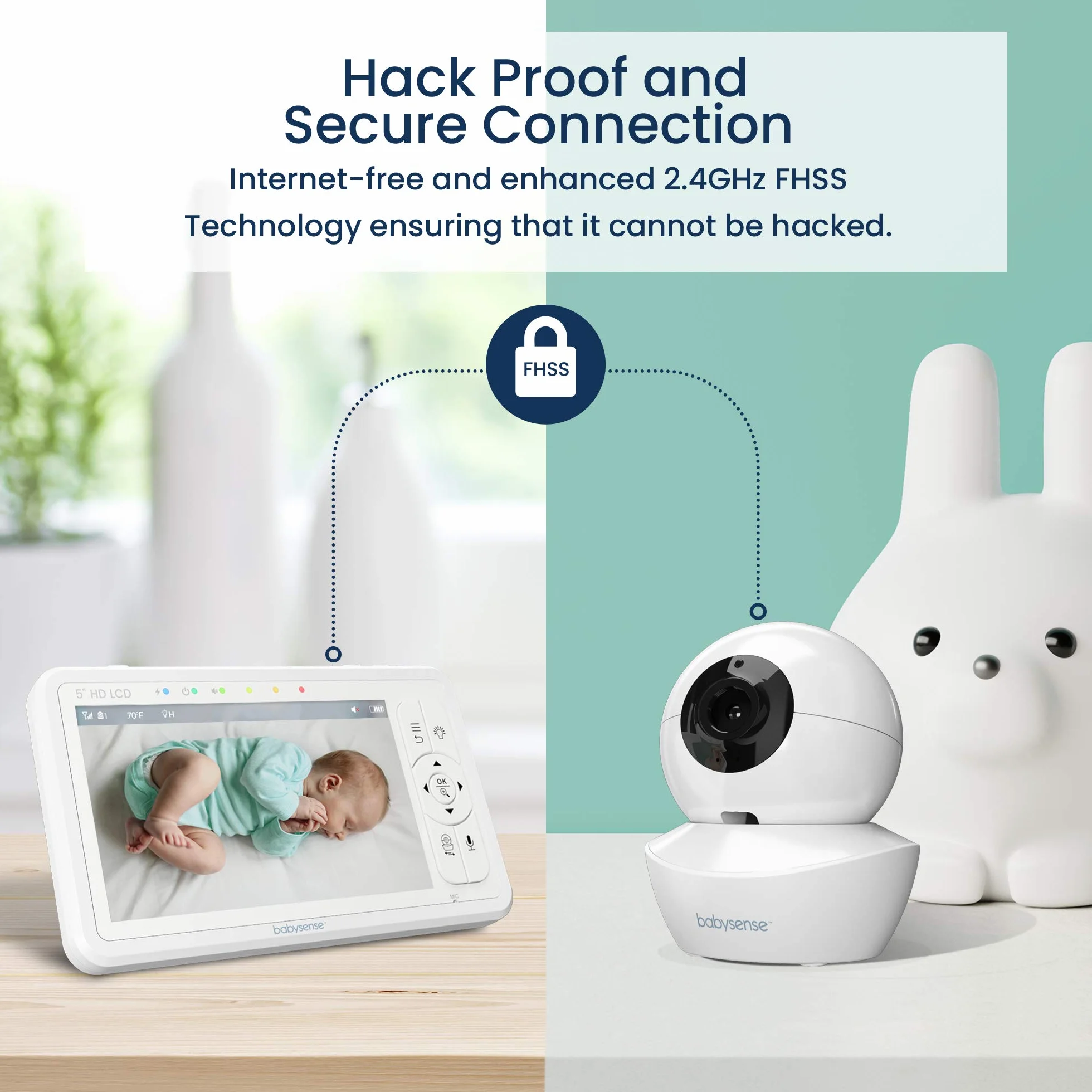 Babysense HDS2 - Monitor video per bambini con fotocamera e audio, baby phone 5" HD 720p, senza WiFi, luce notturna regolabile, portata estesa, audio bidirezionale, zoom 4X, visione notturna, batteria