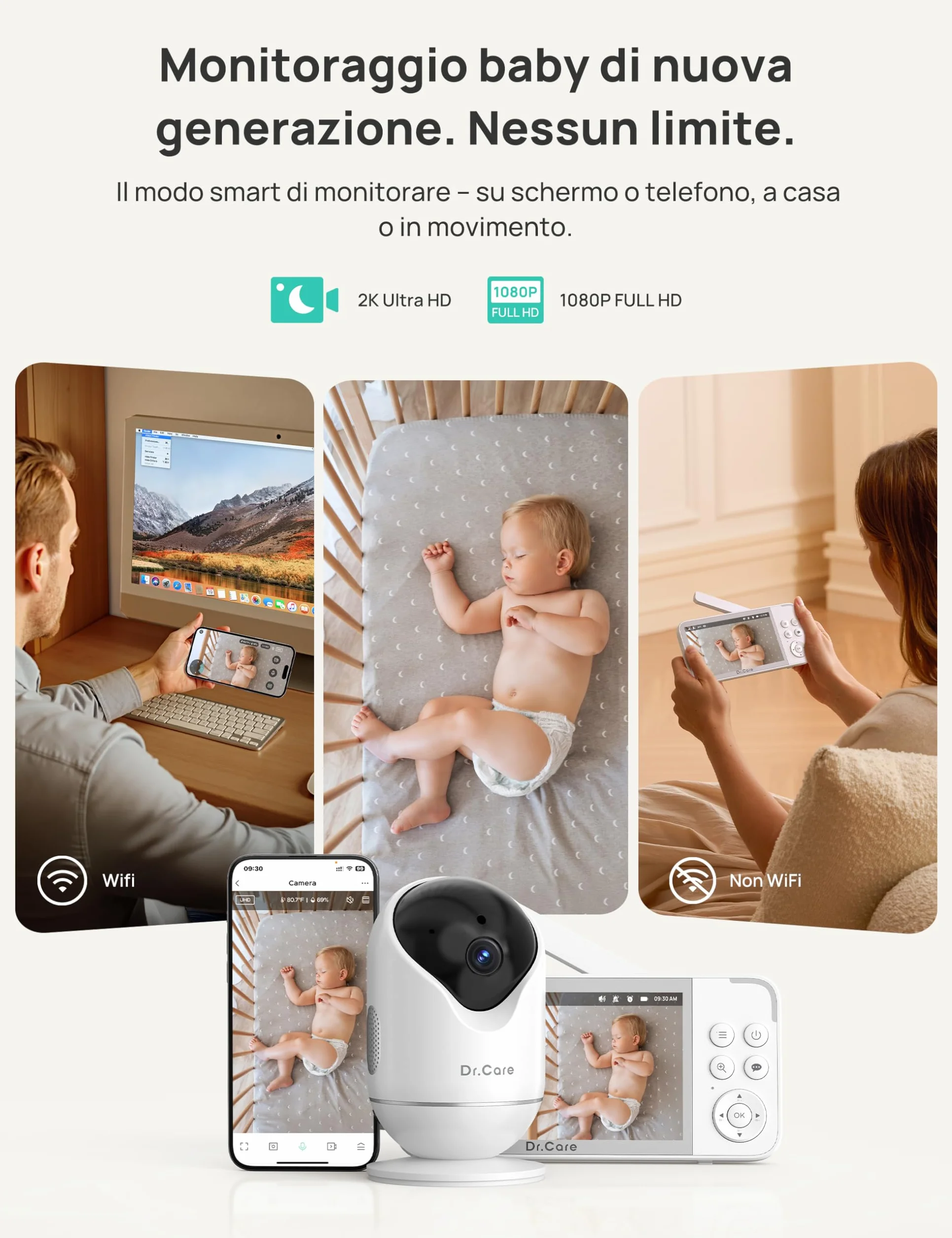 Dr.Care VistaView Baby Monitor WiFi 5” 1080P Schermo Diviso 2K/3MP Telecamera APP Mobile 5000mAh Batteria HD Visione Notturna Allarmi Pianto Movimento Audio Bidirezionale 390m