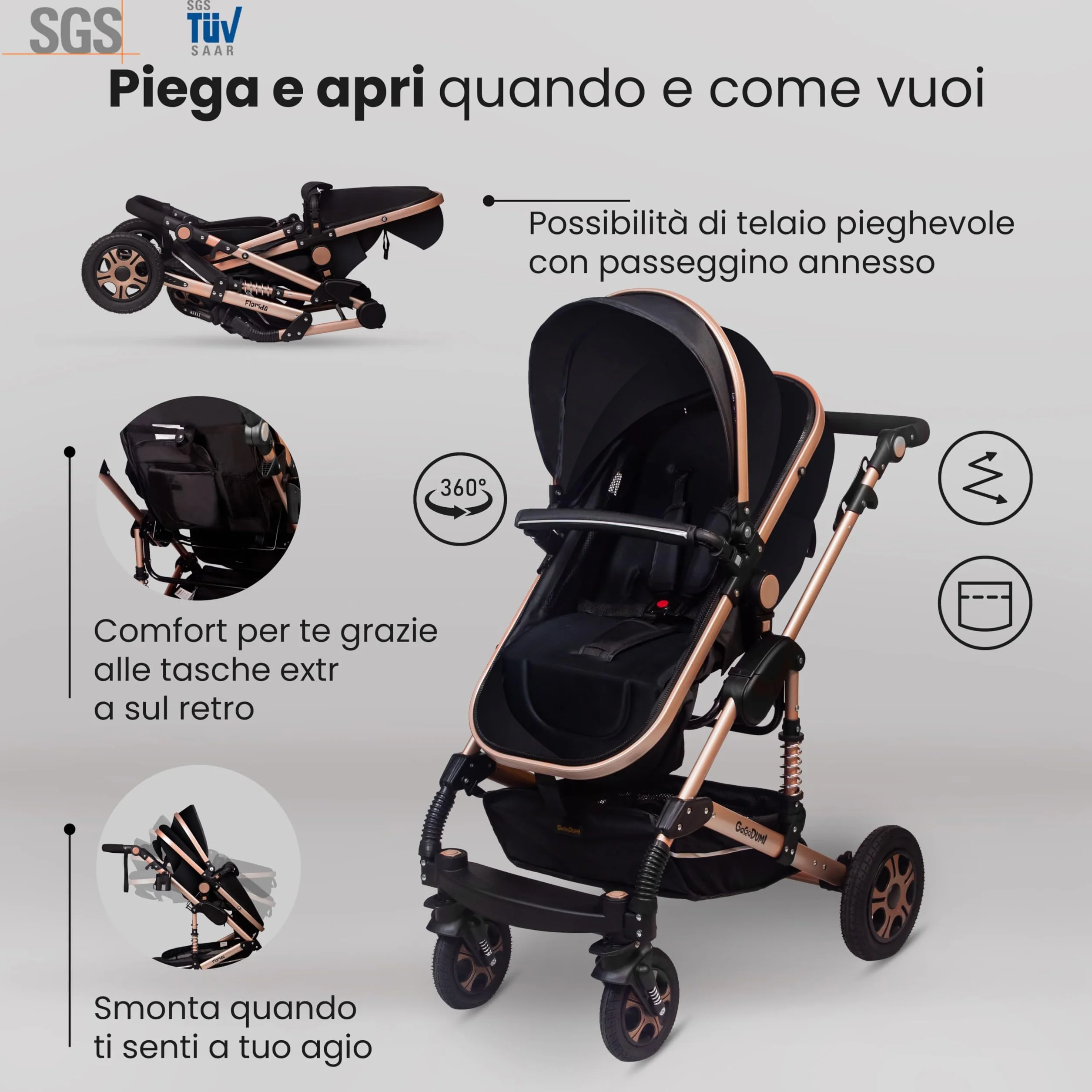 GaGaDumi Florida 3 in 1 Passeggino Trio, Carrozzina, Seggiolino Auto, Pieghevole, 0-36 mesi, Nero/Oro