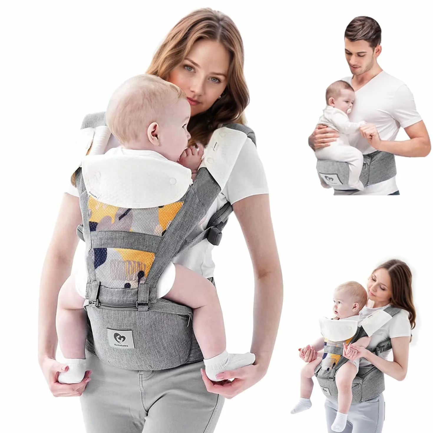 Marsupio Neonato, Bellababy Marsupio porta Bebé Seggiolino Multifunzione Marsupio per Neonati di 3-36 Mesi, 6-in-1 Modi di Portare, Tutte le Stagioni, Misura Regolabile Grigio