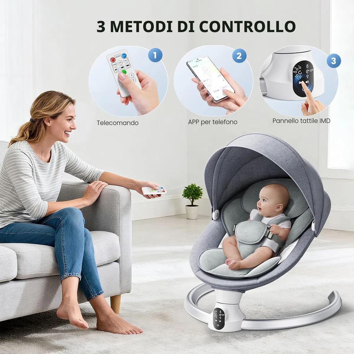 Operazione APP Sdraietta Neonati, Imbracatura a 5-Punti Migliorata Altalena Neonato Elettrica con 3 Timer, 5 Velocità di Altalena, Sdraietta Neonati Bluetooth Imbottita Morbida 0-9kg (Grigio)