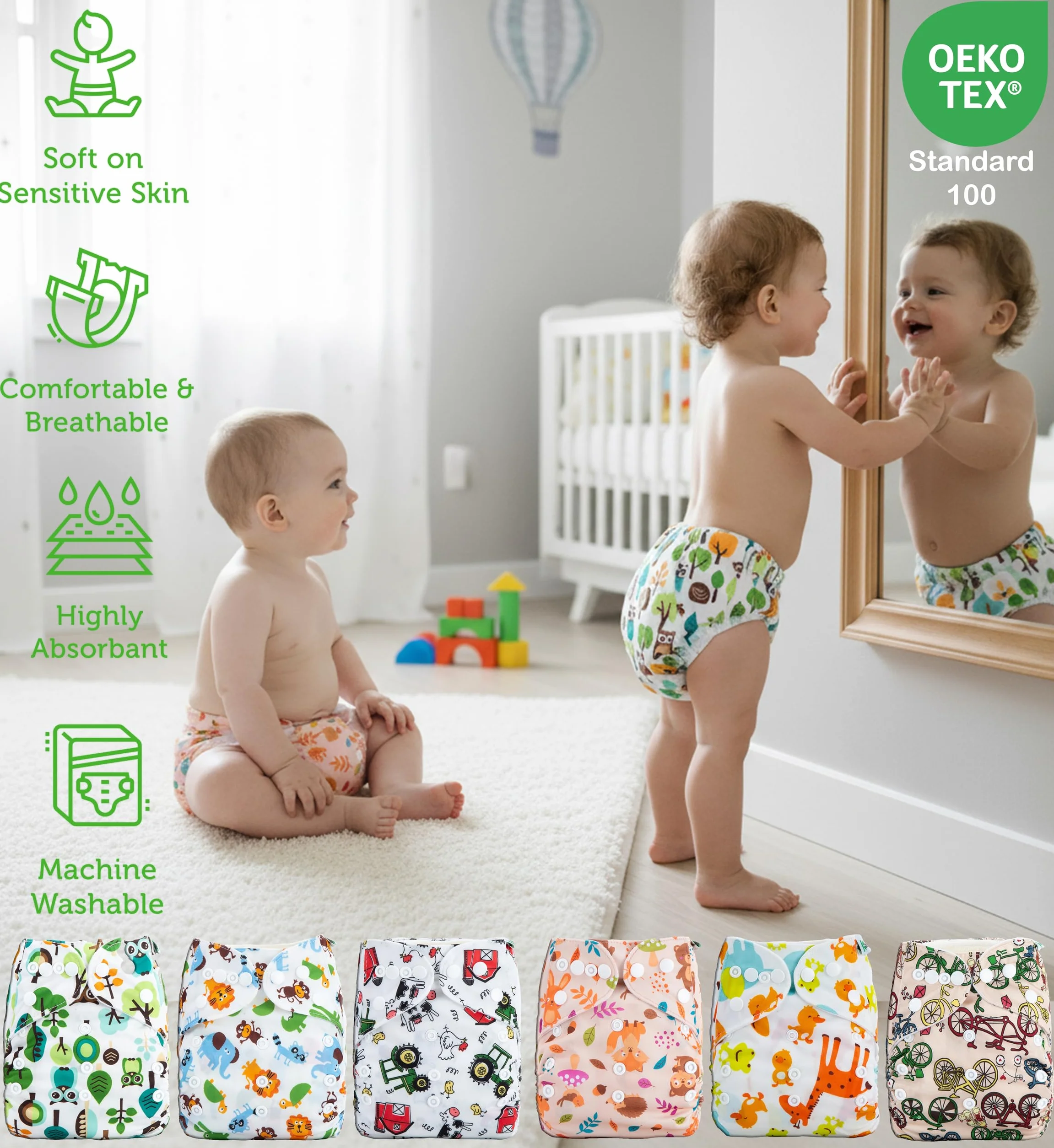 Set di 6 Pannolini Lavabili Riutilizzabili per Bambini e Neonati con Inserti in Bambù e Wetbag Oeko Tex Standard 100