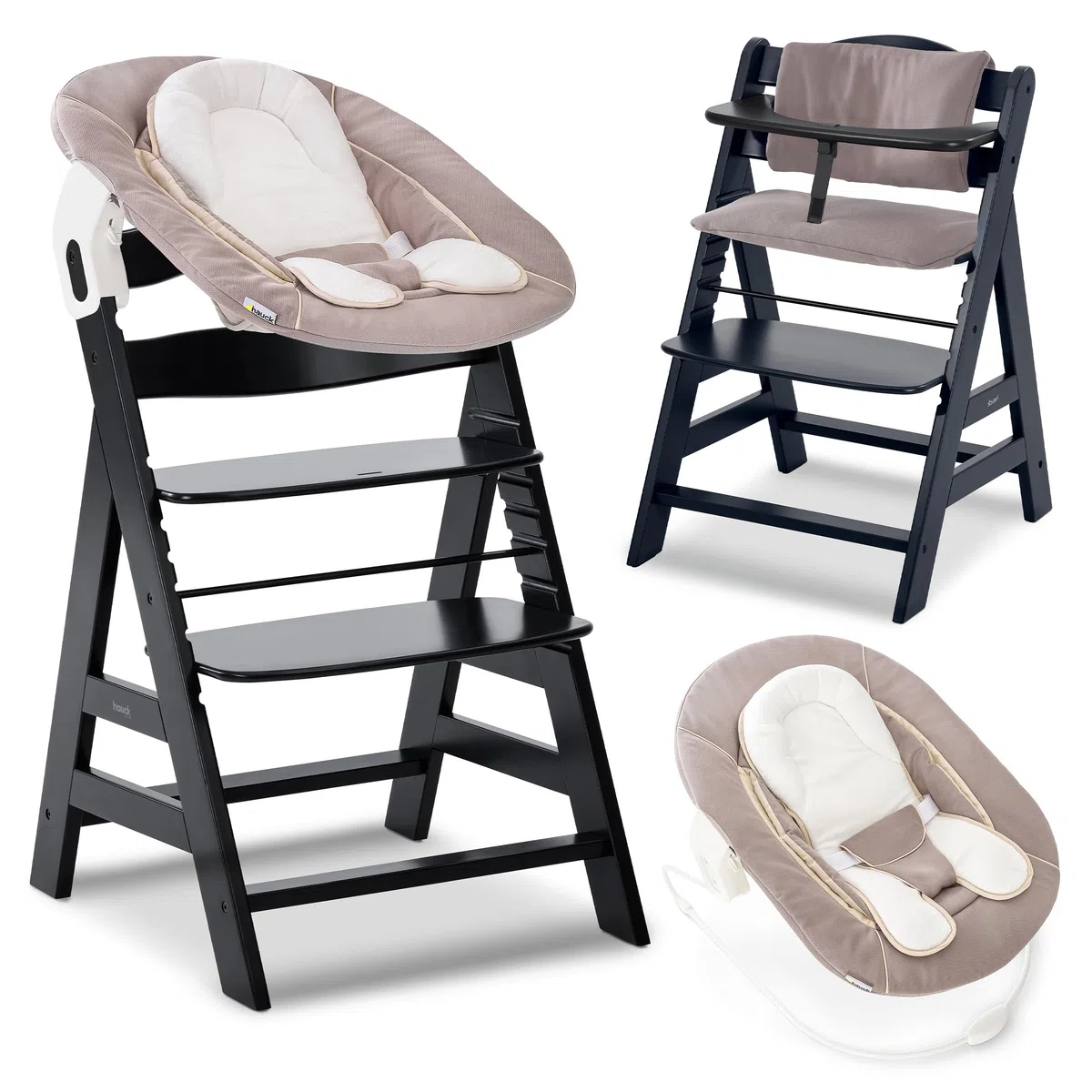 hauck Seggiolone Pappa Alpha Plus Set Newborn - Seggiolone Pappa Bimbi in Legno, Evolutivo con Sdraietta Neonato 2in1 e Cuscino - Nero