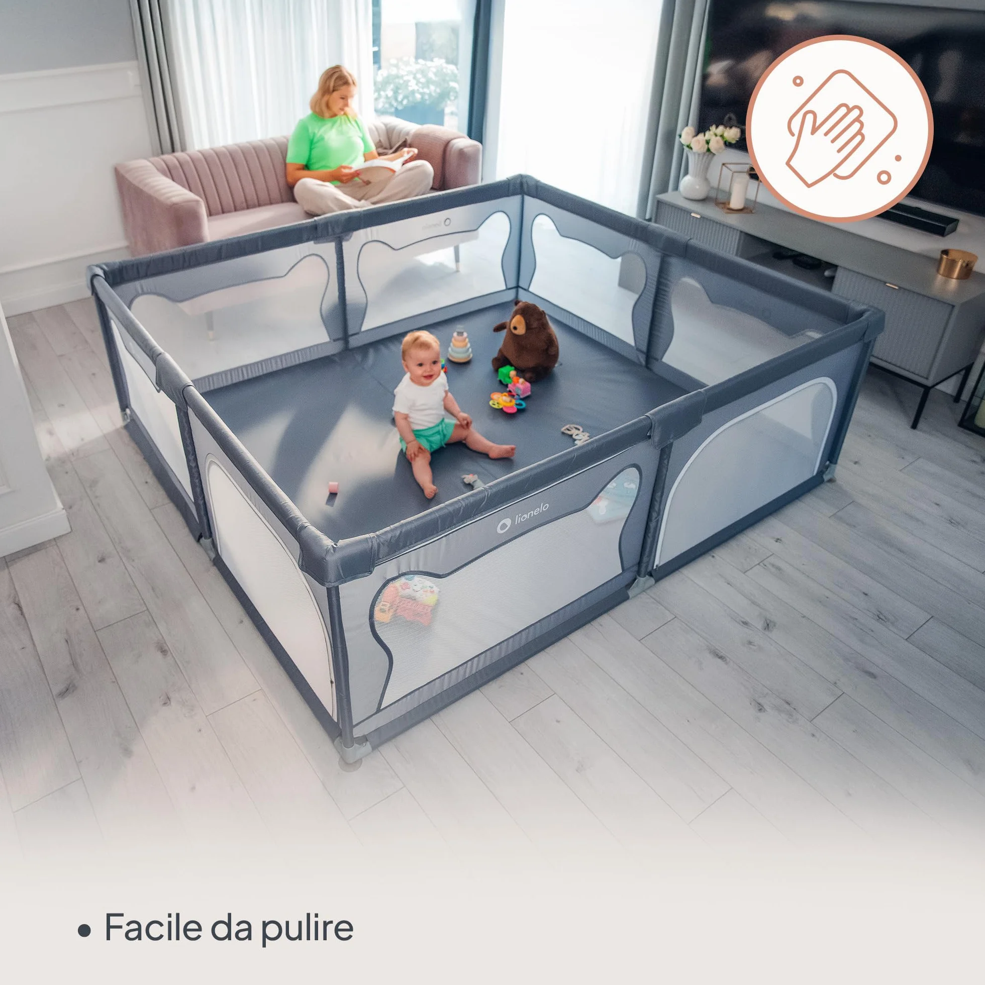 LIONELO WILLOW XL Box Pieghevole Per Bambini 0-48 Mesi Rete Traspirante 207x187 cm Beige