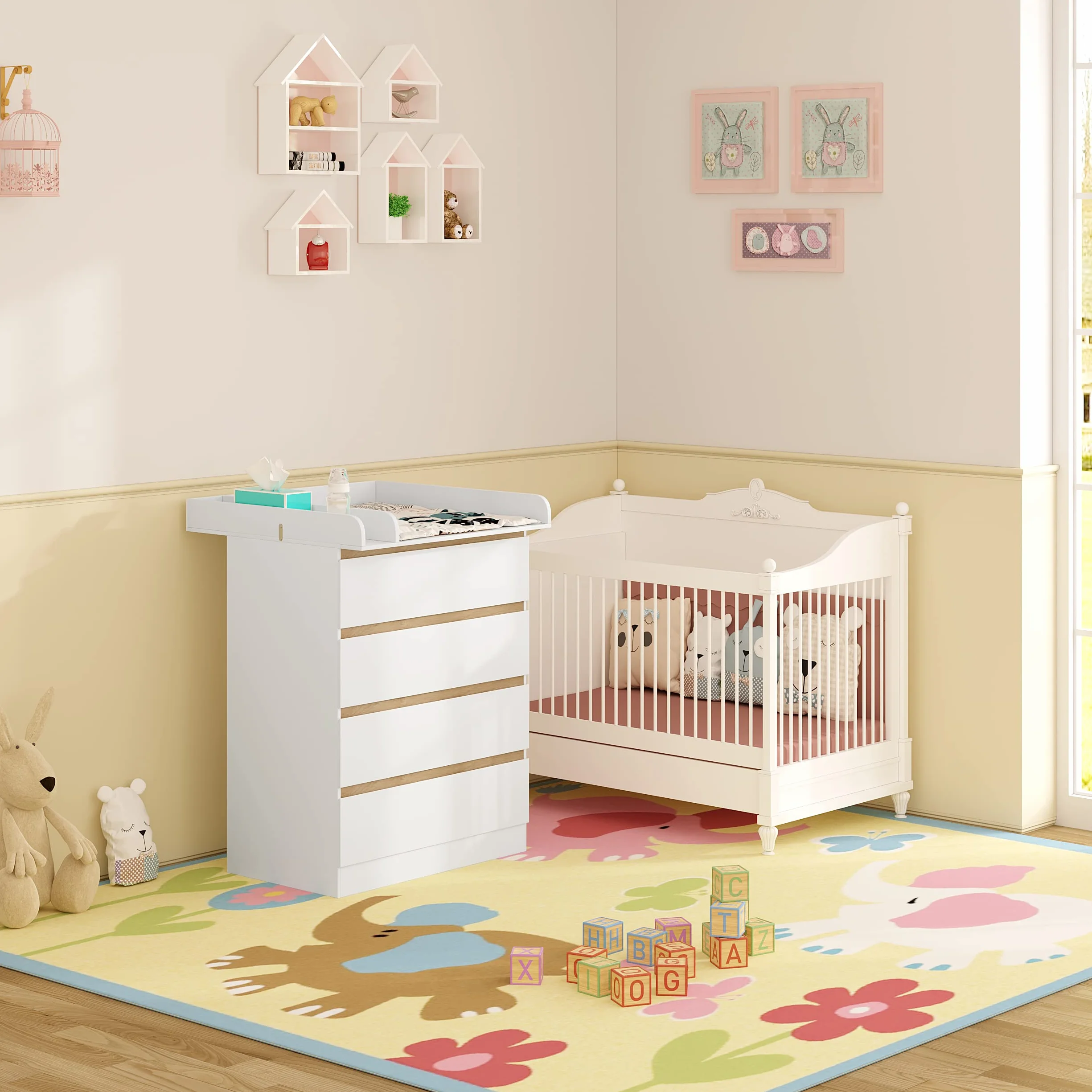 WOLTU Mobile Fasciatoio per Bambini, Cassettiera 4 Cassetti, Bianco+Rovere