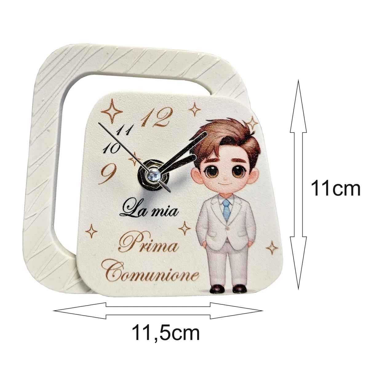 Generico Ametista Regali Bomboniere Set 6 Orologi Prima Comunione Maschio 11,5x11cm - Completi di Scatole, nastri in organza, confetti senza glutine e bigliettini personalizzati
