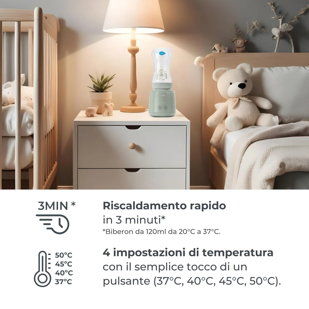 Nuvita 1163 Warm’n’Mix Scaldabiberon Portatile a batteria con Funzione di Riscaldamento e Mescolamento – Riscaldamento Rapido in 3 Minuti, 4 Impostazioni di Temperatura, Compatibilità Universale