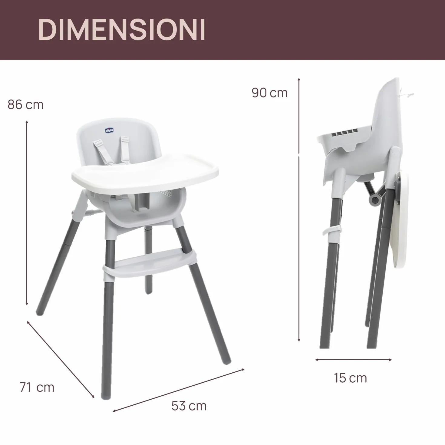 Chicco Seggiolone Evolutivo Pappa per Bambini 6 mesi 40 kg Richiudibile Seduta Lavabile Cintura 5 Punti Vassoio Rimovibile Compatto Leggero