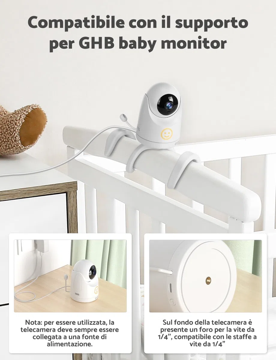 GHB Baby Monitor Video e Audio Schermo 5'', 350°/110°, 168 Ore di Autonomia, HD 1080P, Modalità VOX, Visione Notturna, Rilevamento della Temperatura, Ninne Nanne