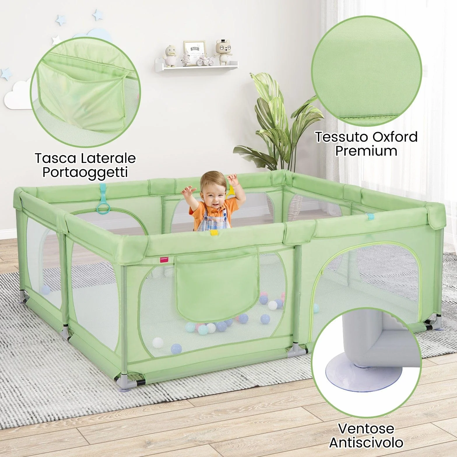 COSTWAY Recinto per Bambini, Box Pieghevole con Rete Traspirante, Centro Attività per Neonati con 50 Palline, Box Giochi per Bambini 0-3 Anni (Verde, 189 x 158 cm)