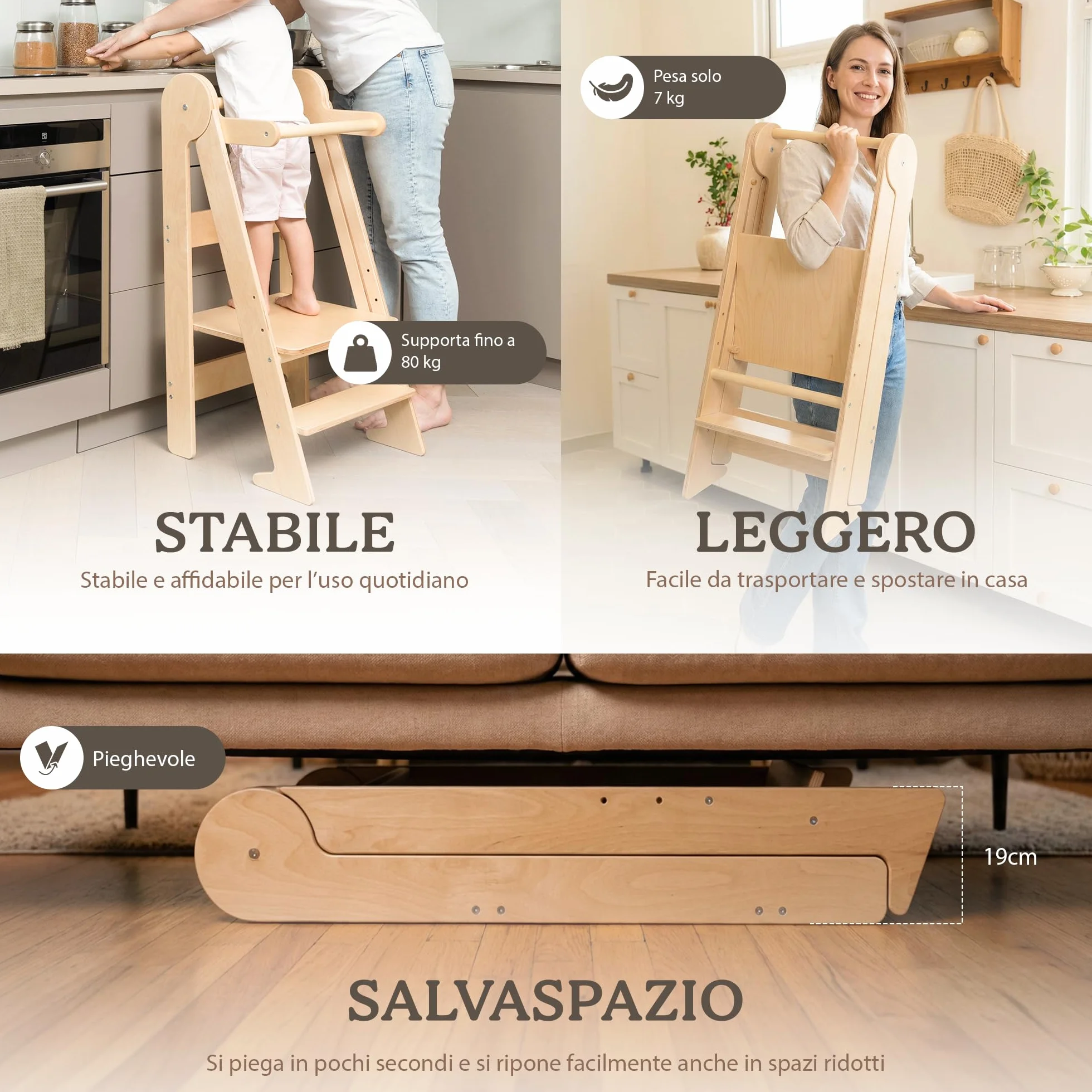 TOYBOX Torre Montessoriana Pieghevole, Learning Tower, Legno Naturale