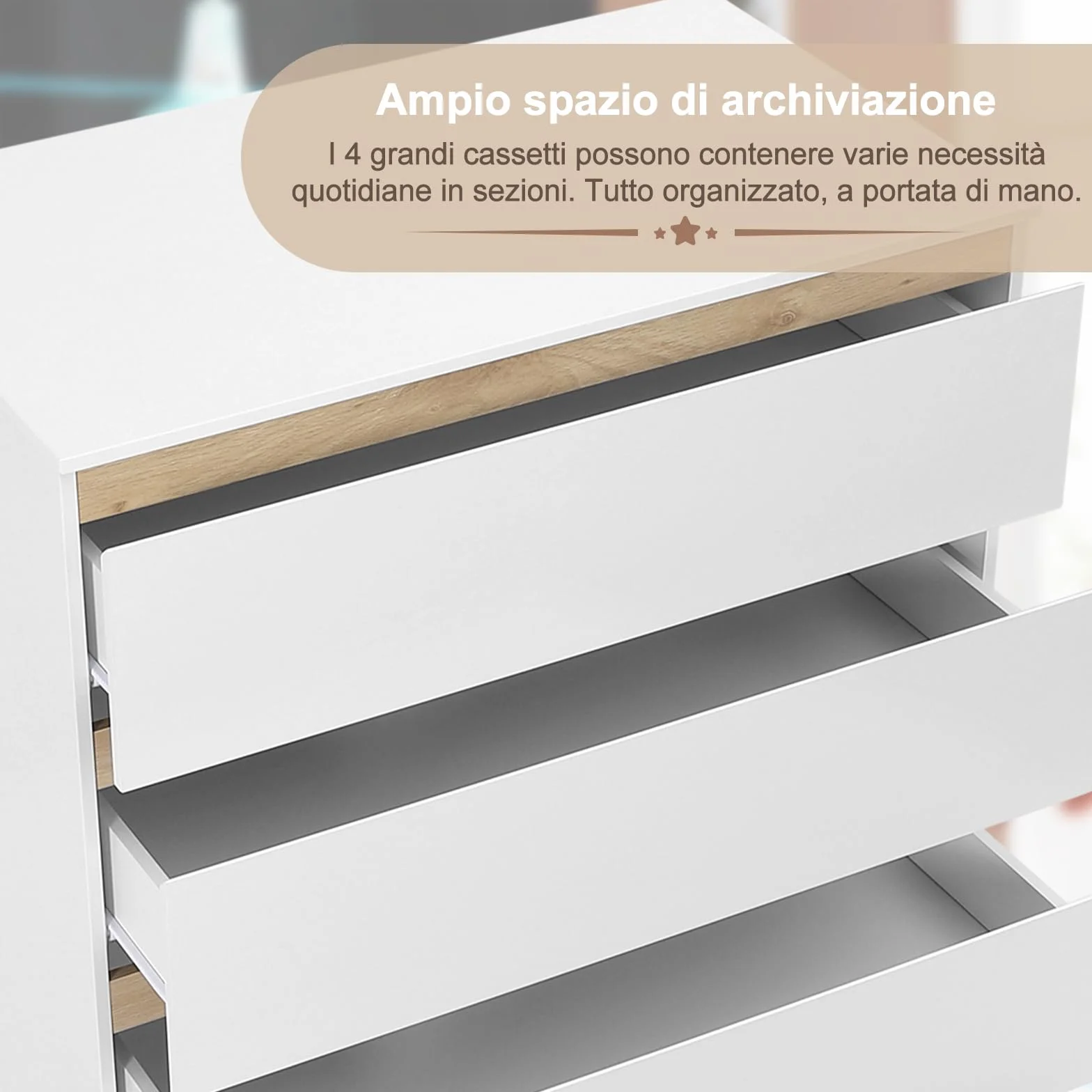 WOLTU Mobile Fasciatoio per Bambini, Cassettiera 4 Cassetti, Bianco+Rovere