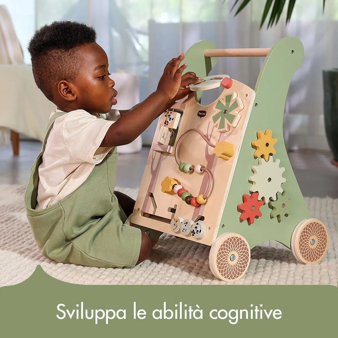 Tiny Love Walk Behind Carrello Primi Passi in Legno e Centro Attività Montessori, 12 Giochi Interattivi, Supporta Capacità Motorie e Sviluppo, Ruote Gommate Antiscivolo, 18+ Mesi, Boho Chic