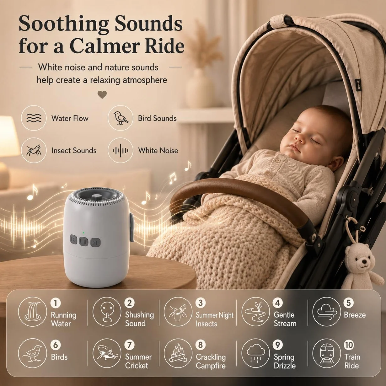 Baby Rocker Ricaricabile, Dondola Passeggino con 5 Livelli di Oscillazione e Rumore Bianco - Regolabile, Ultra Silenzioso, USB-C, 2 Supporti Universali per Tutti i Passeggini (Bianco)