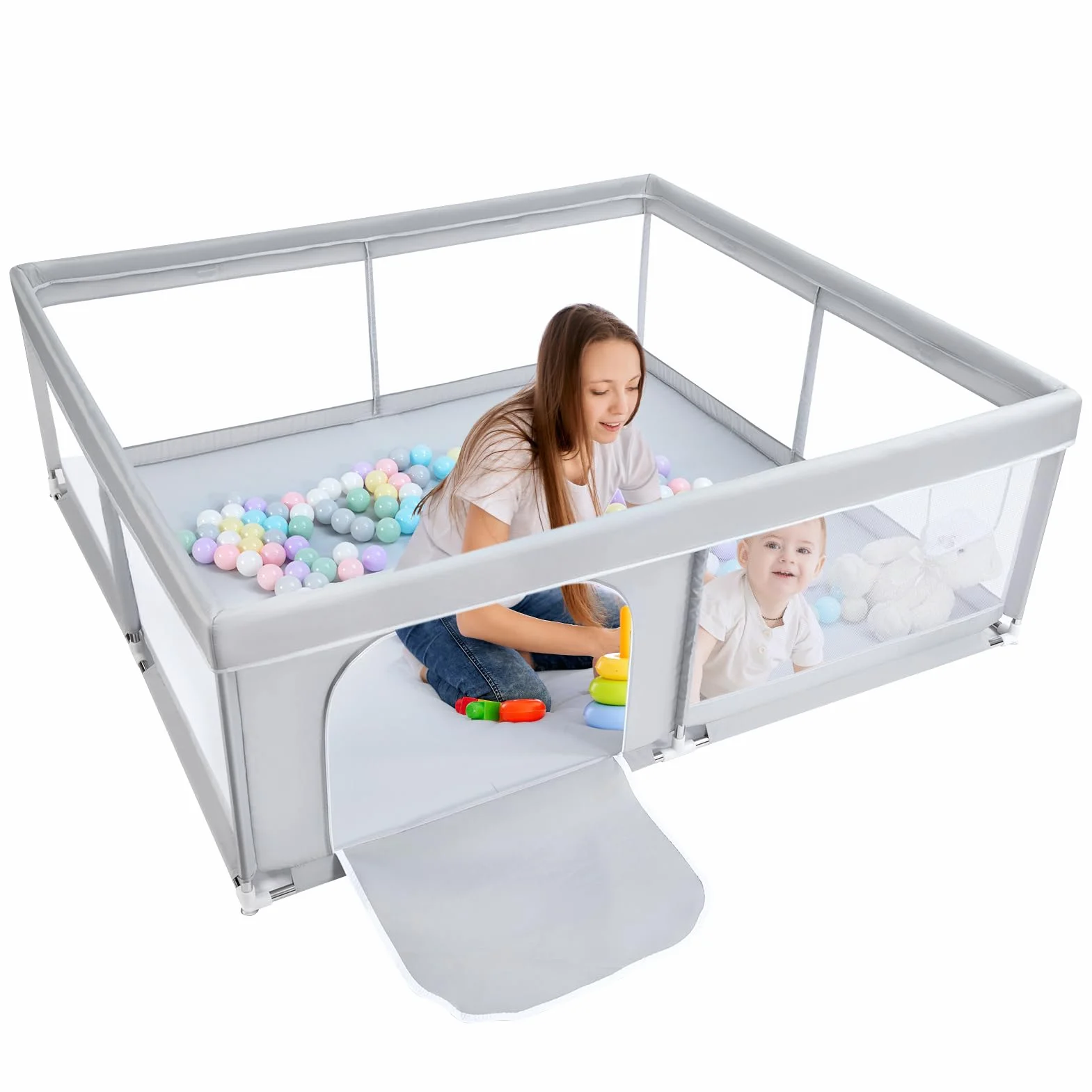 BEJOY Box per Bambini, 150 cm Compatto e Resistente, Protezione in Schiuma, Antiscivolo, Porta Rotonda con Cerniera, Rete Traspirante Trasparente Centro Attività per Neonati e Bambini Piccoli