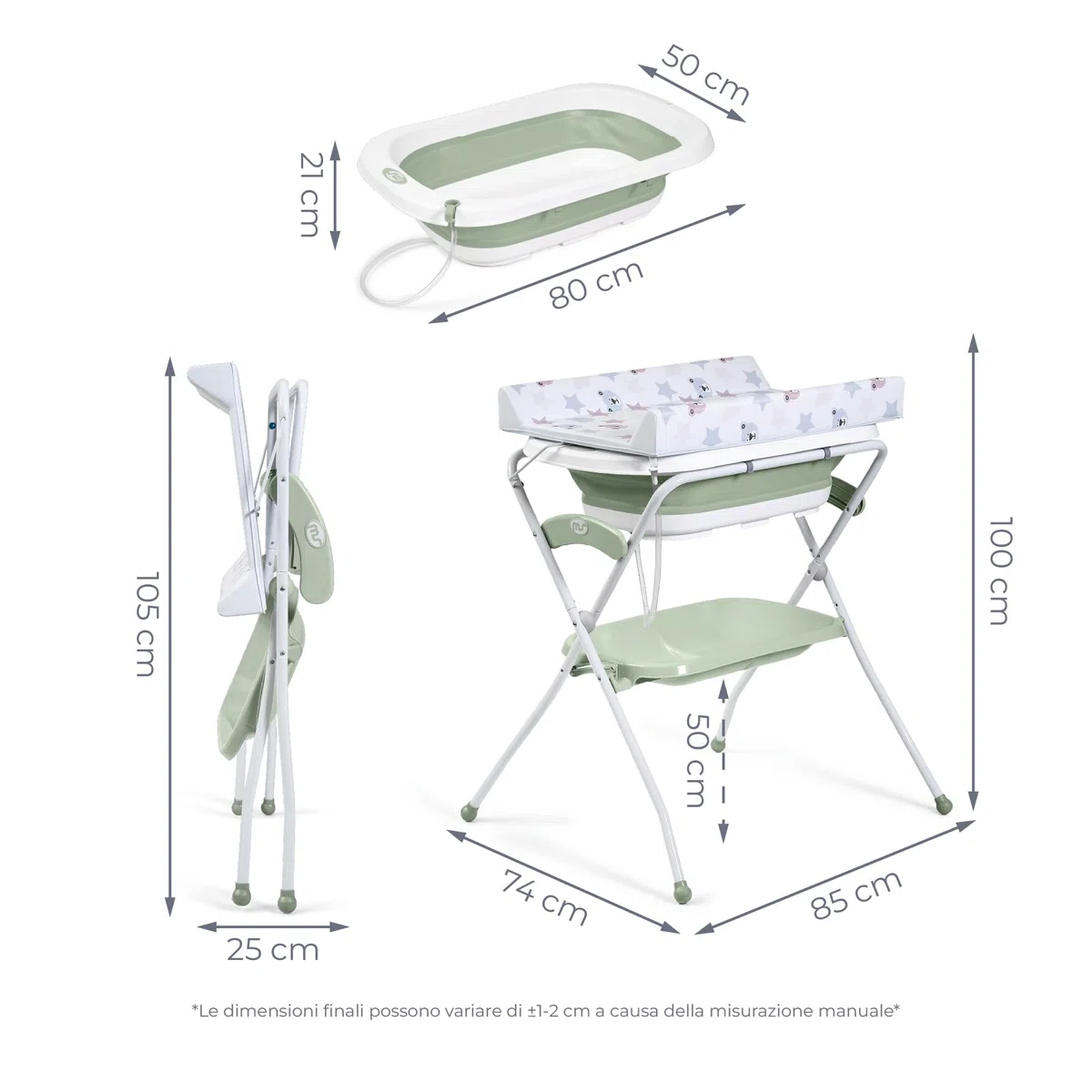 Ms BabyWorld ZOE Vasca da bagno con gambe, fasciatoio, cuscino riduttore e cestino portaoggetti, comodo, facile da riporre, con tappo e gambe antiscivolo, vasca da bagno pieghevole e portatile (Verde)